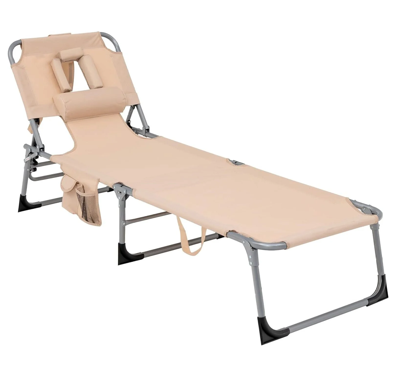 Tanning Chair, Folding Beach Lounger with Face Arm Hole, Adjustable Backrest, Side Pocket, Pillow & Carry Handle, Outside Sunbathing Lounge Chair for Patio, Poolside, Lawn (1, Sand)