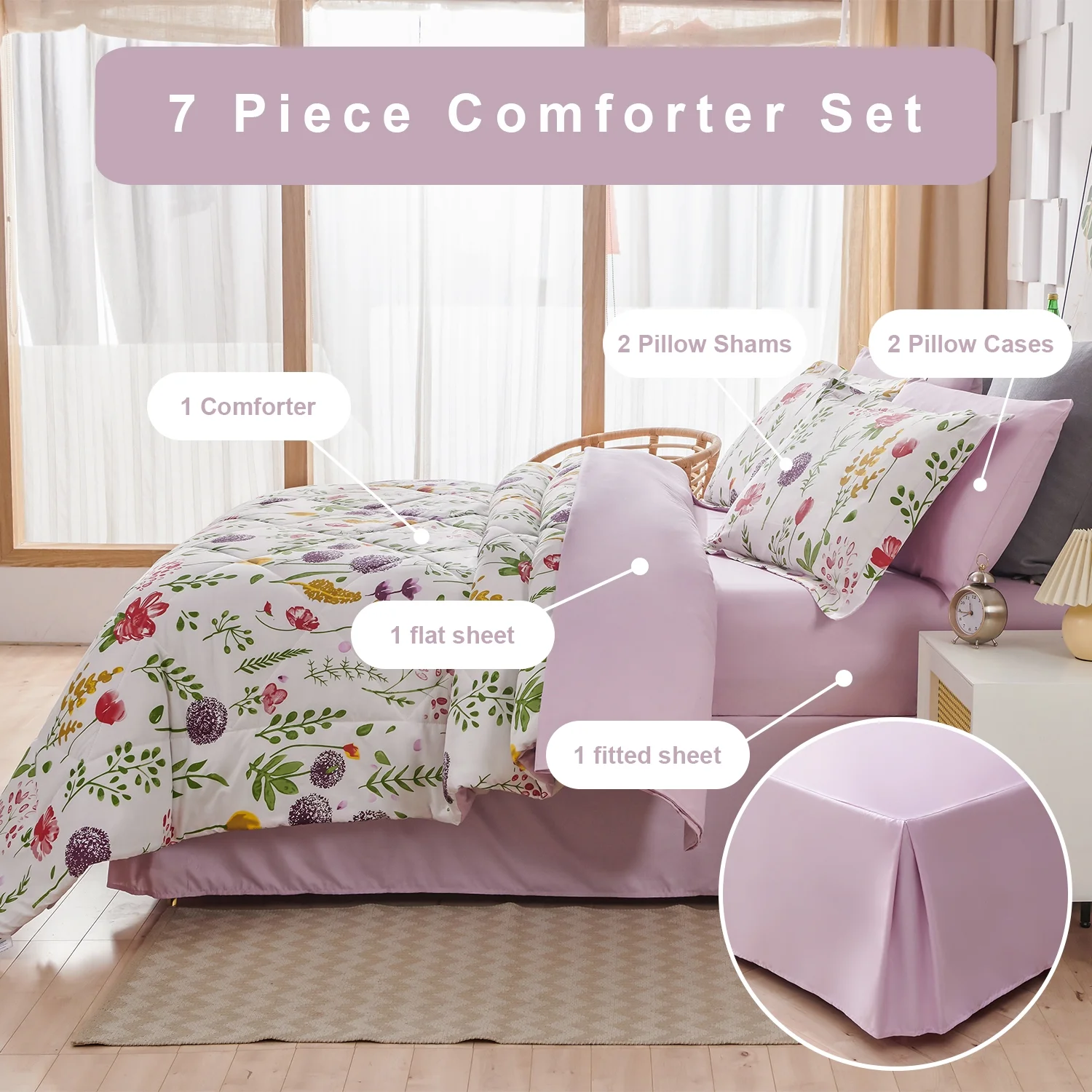 Smuge 7 Pcs Floral Bedding Comforter Sets Queen/Full Size Flower Comforter Set Bed in a Bag with Fitted Sheet,Flat Sheet,Pillowcases & Shams,Purple Green Red Botanical Plant Leaves Bed Set