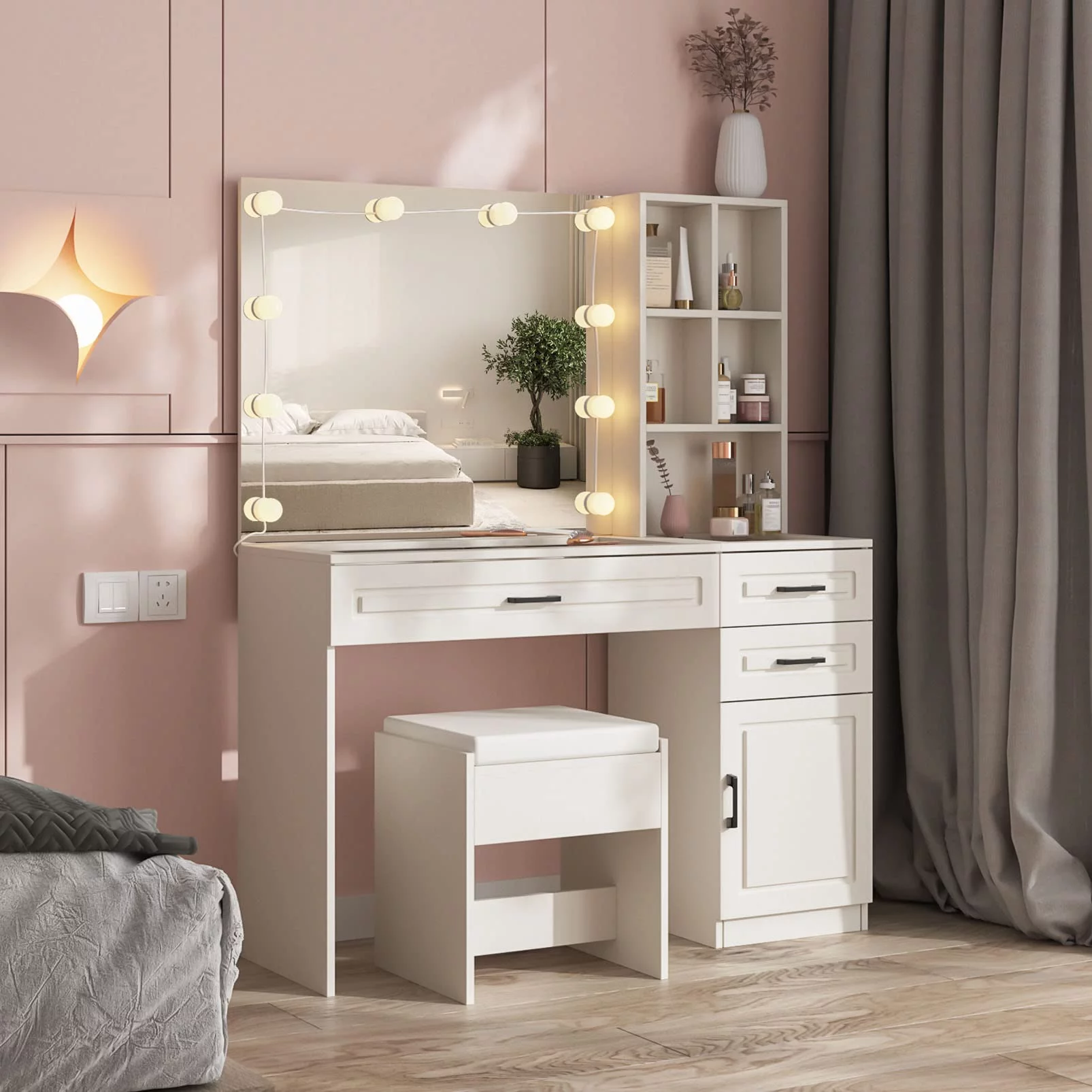 VEANERWOOD Vanity Desk Set with LED Lighted Mirror and Glass Desktop, Makeup Vanity Table with 3 Drawers, for Bedroom, Bathroom, 45in, White