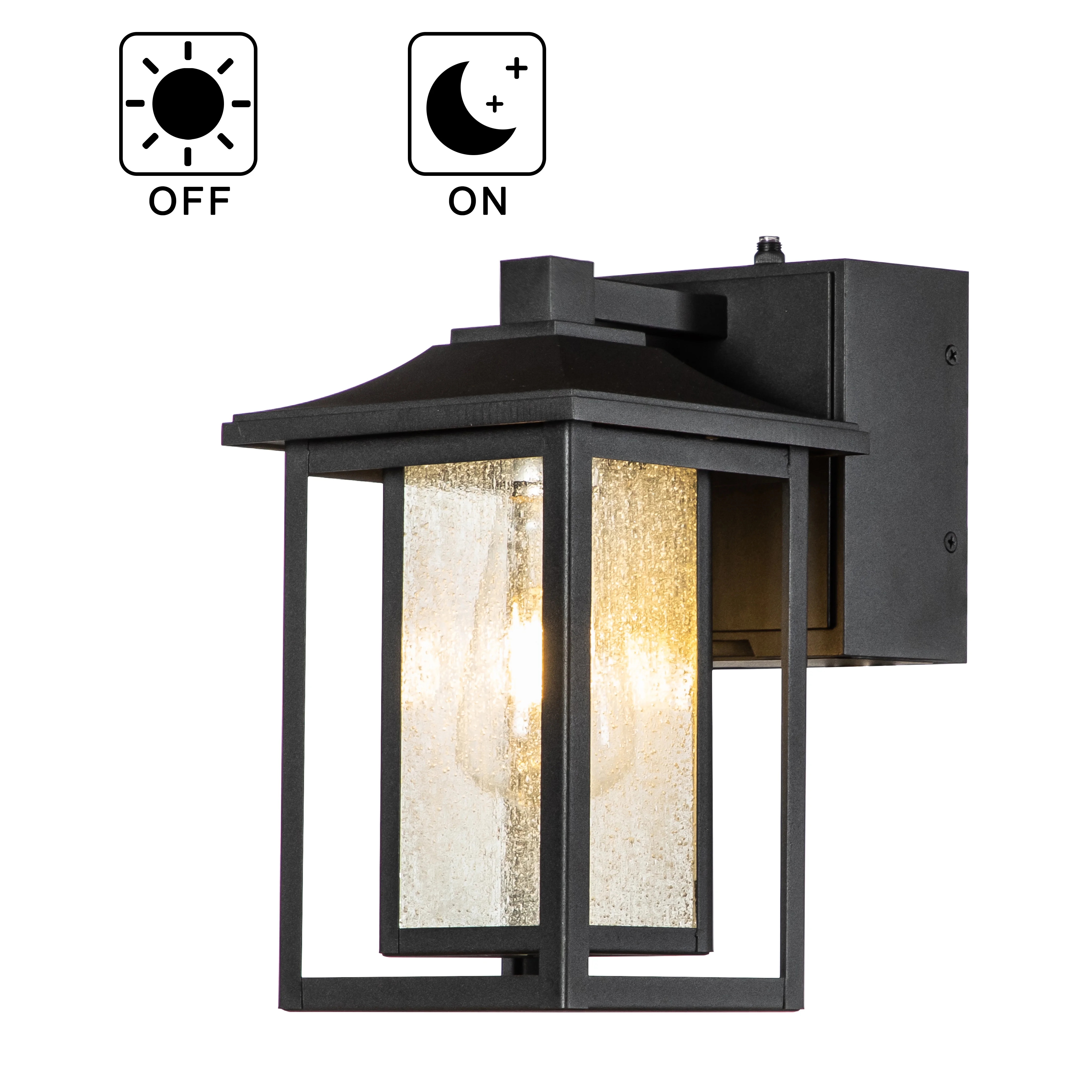 1 Light Black Dusk to Dawn Sensor Outdoor Wall Sconces with Seeded Glass and built-in GFCI Outlets