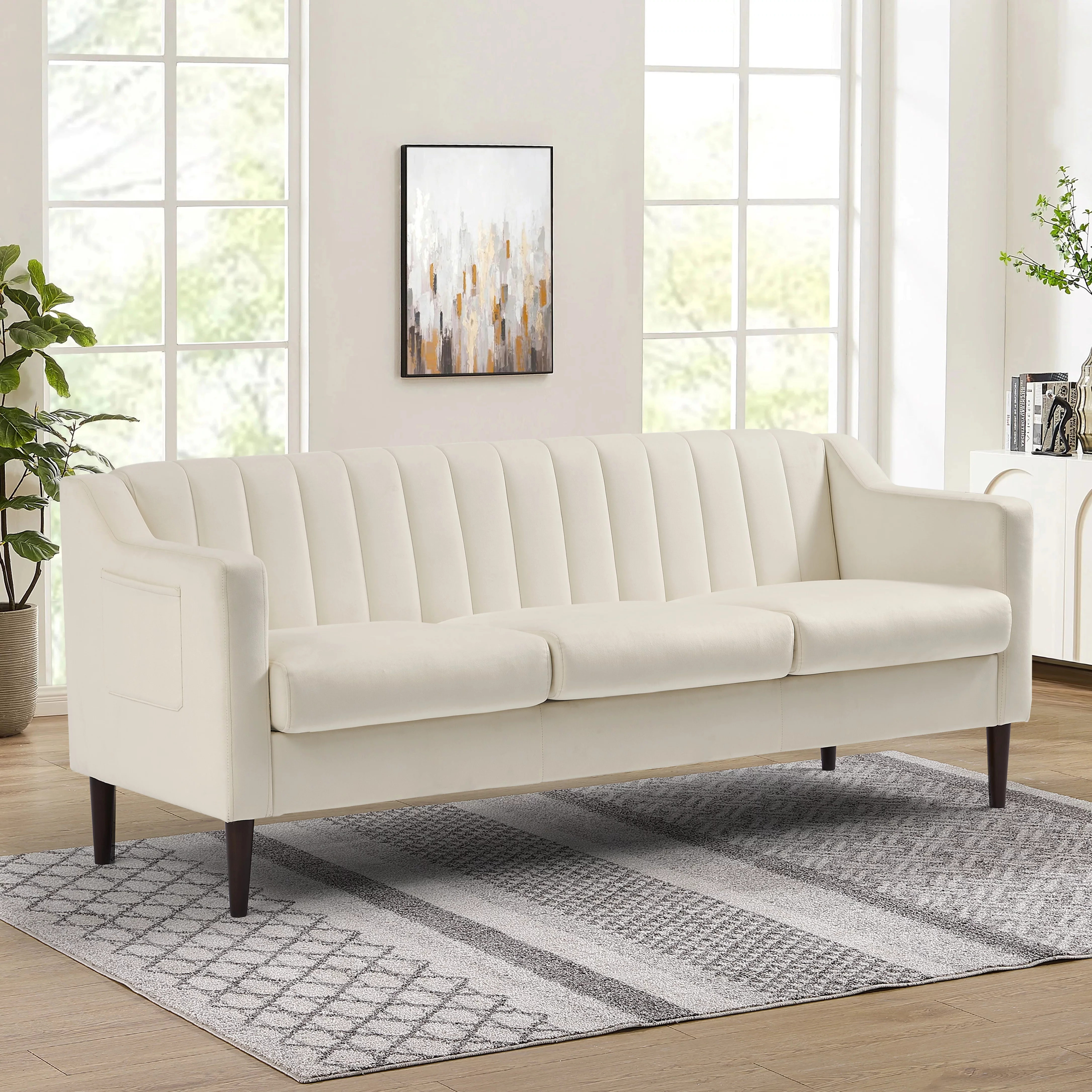 Modern 3 Seater Velvet Sofa, Upholstered Couch with Removable Cushions Solid Wood Legs for Living Room Office Apartment