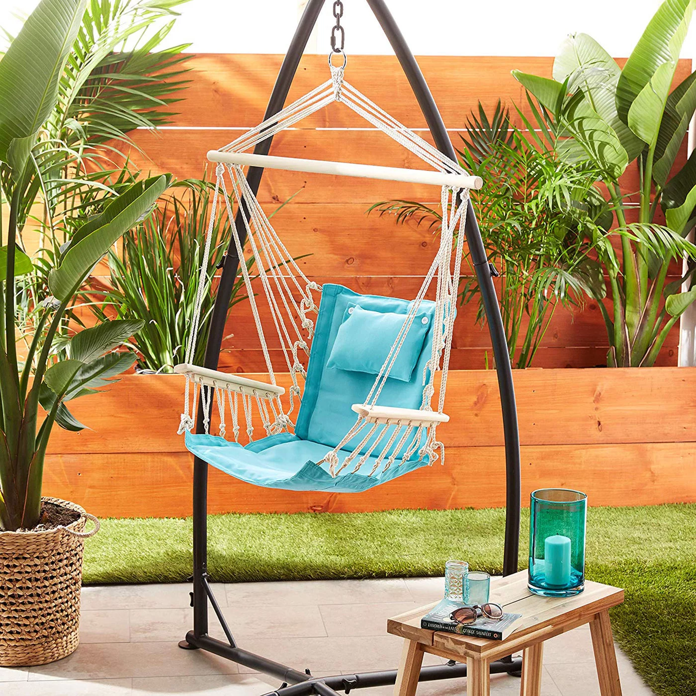 Backyard Expressions Hanging Hammock Chair - Aqua Blue - Polyester/Cotton