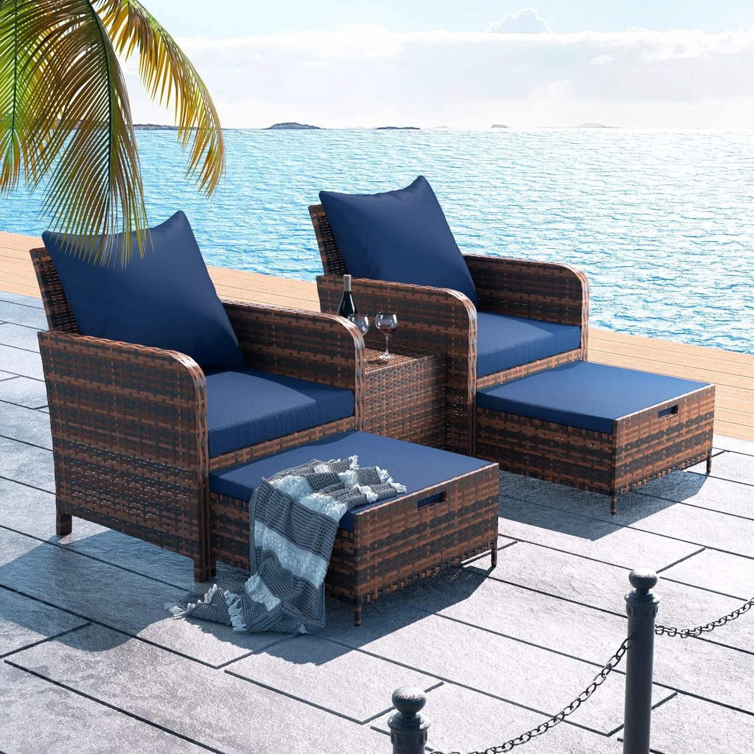 ECOPATIO 5 Piece Patio Furniture Set, Outdoor Patio Conversation Rattan Chair with Ottomans w/Storage Coffee Table for Patio, Space Saving Design for Balcony Poolside Front Porch Deck,Blue