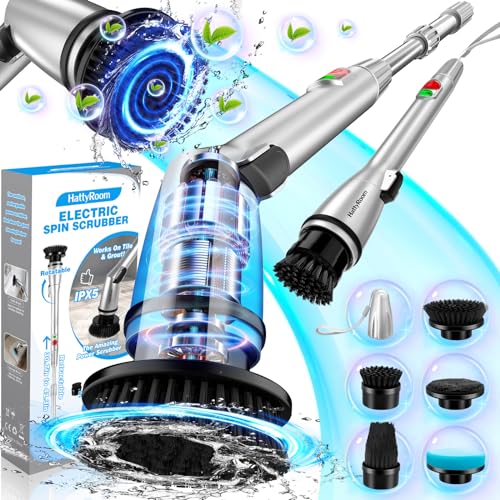 Rechargeable Cordless Electric Scrubber with 5 Cleaning Brush Heads, Powerful Adjustable Shower with Long Handle Extension Arm for Bathroom, Tub, Tile, Car, Floor