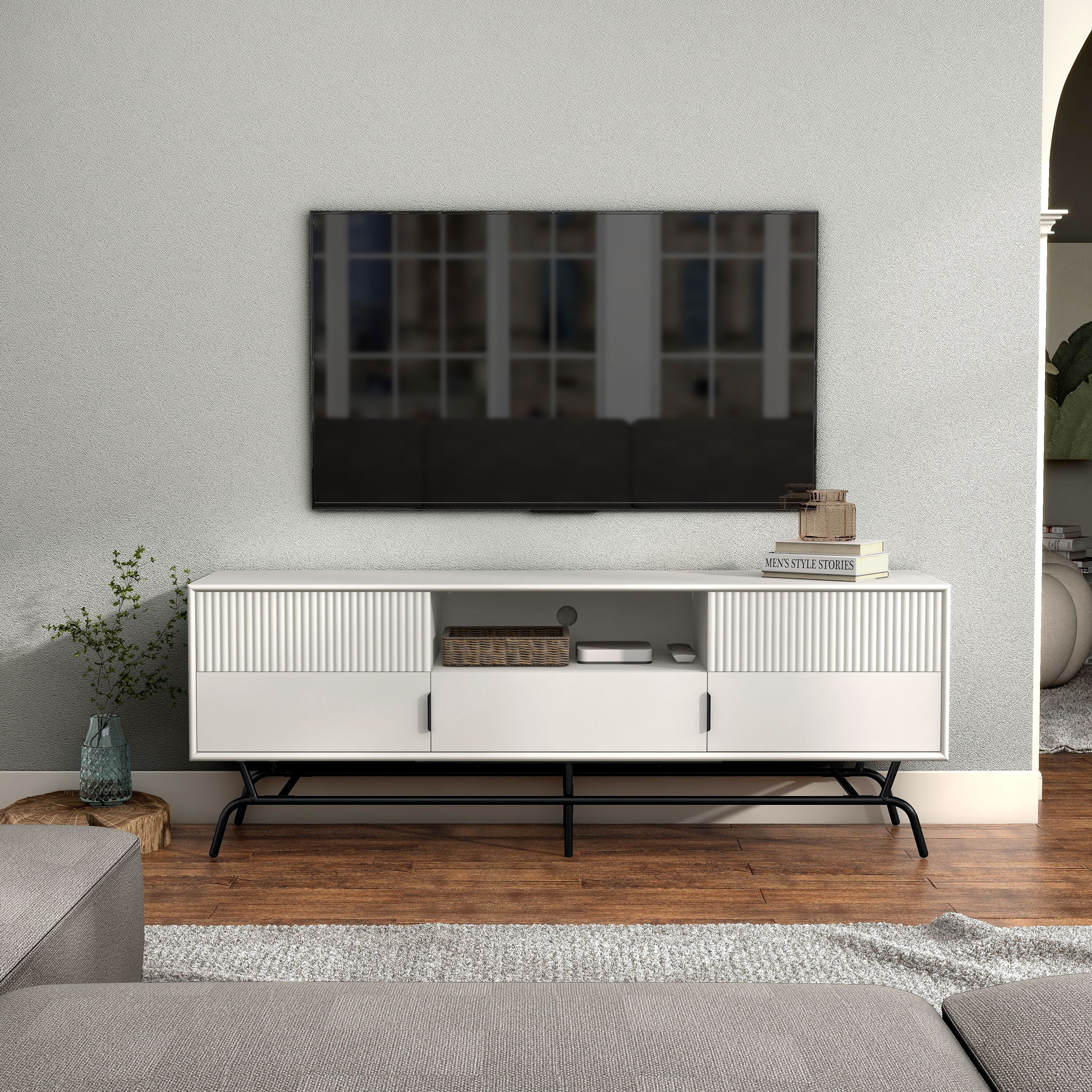 Denhour DH BASIC Modern 60-inch 3-Drawer Media Cabinet TV Stand with Cable Hole by  White