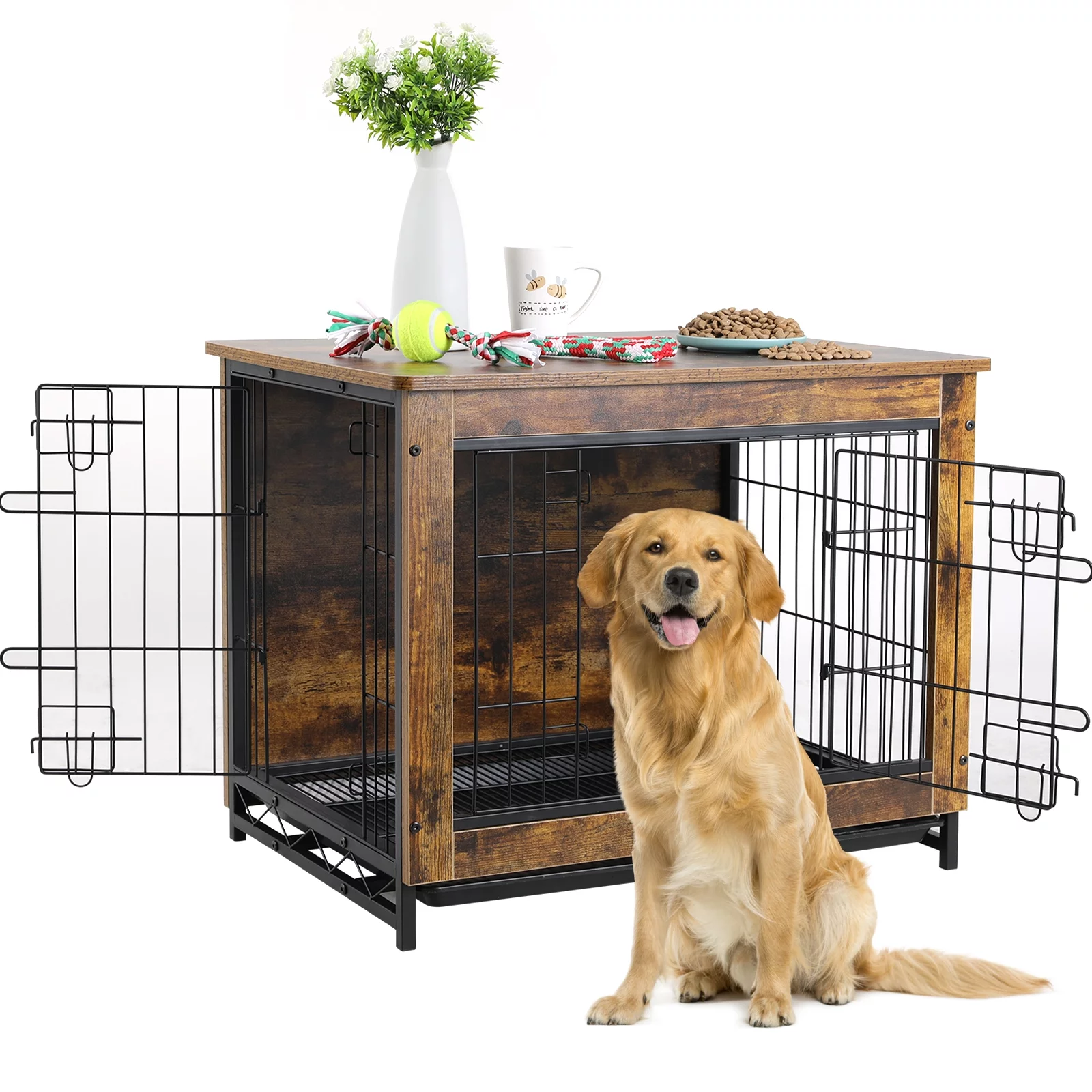 LAZY BUDDY Dog Crate Furniture, Side End Table, Modern Wooden Kennel Dog Cage with Removable Tray