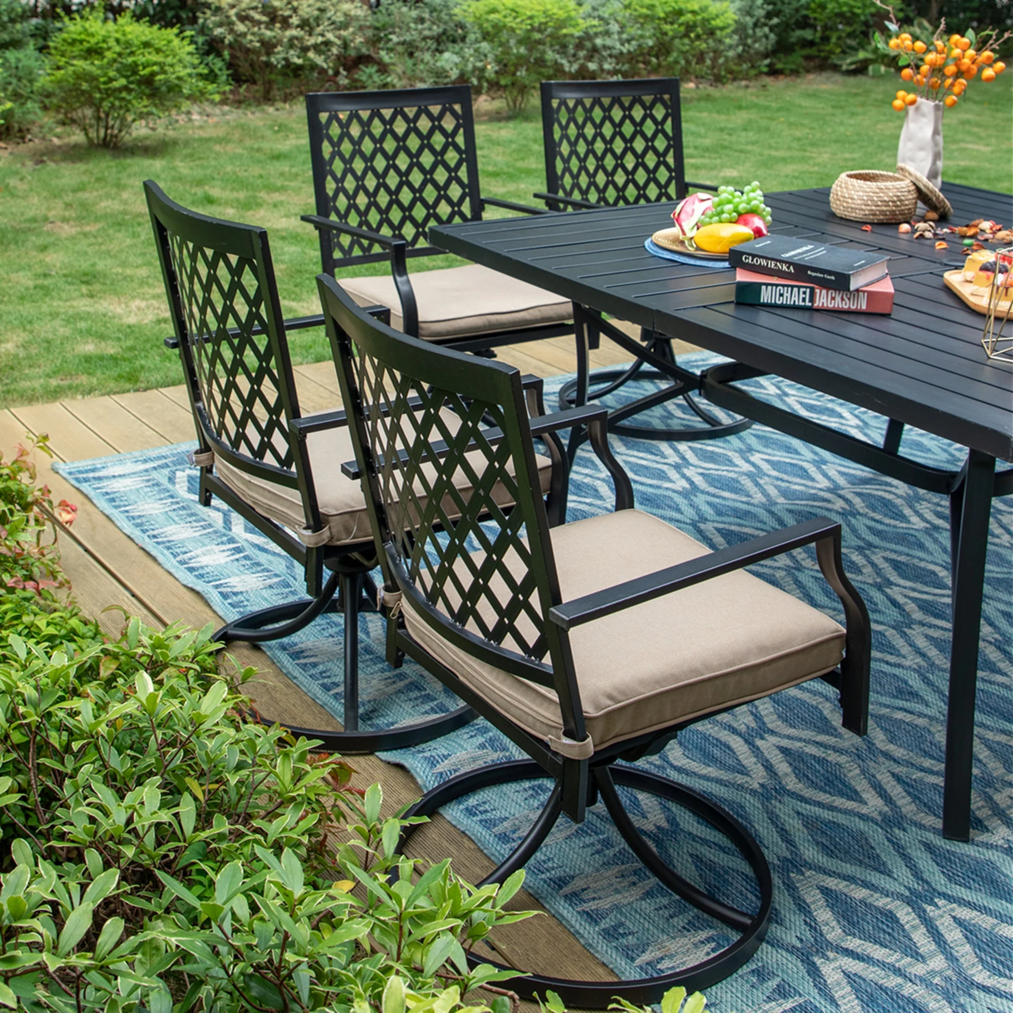 Summit Living 9-Piece Outdoor Dining Set with 8-Seat Table & Swivel Cushioned Chairs with, All-Weather Metal Furniture, Black & Beige