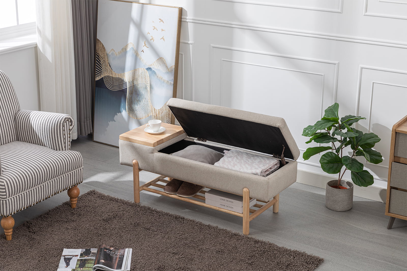 Guyou Storage Bench Linen End of Bed Ottoman Bench with Wooden Shoe Rack and Coffee Table, Modern Upholstered Long Seating Bench Entryway Bench for Hallway Foyer Living Room Bedroom, Beige