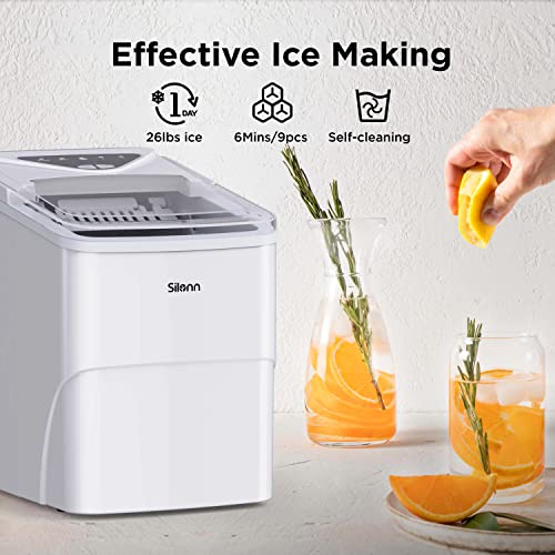 Silonn Ice Maker Countertop, 9 Cubes Ready in 6 Mins, 26lbs in 24Hrs, Self-Cleaning Ice Machine with Ice Scoop and Basket, 2 Sizes of Bullet Ice for Home Kitchen Office Bar Party