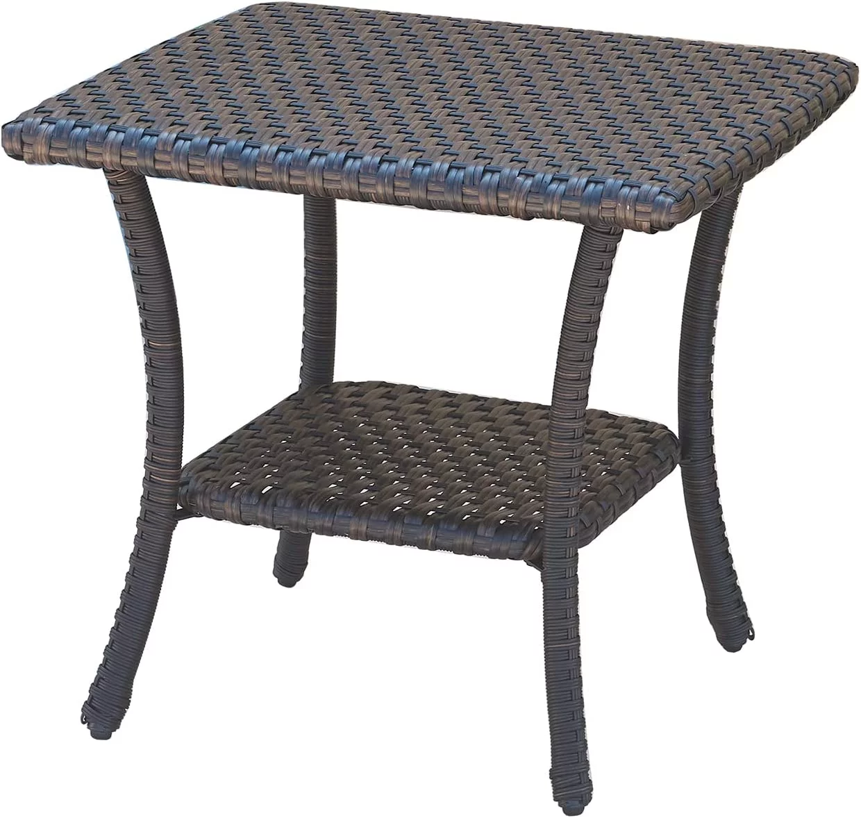 PARKWELL Square Patio Brown Wicker Side Table Rattan End Table with Wicker Outdoor Side Table Top and 2-Tier Storage Shelf