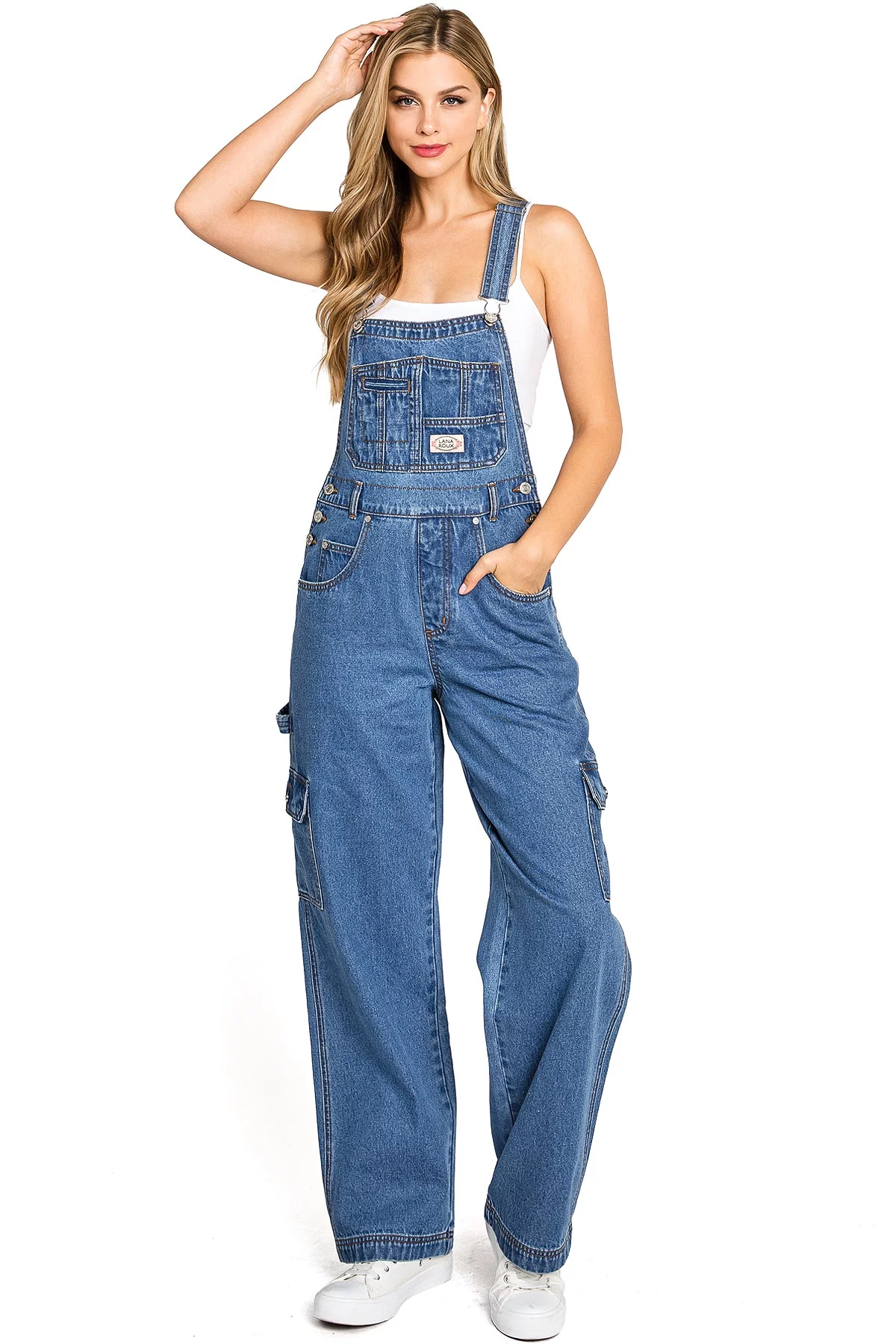 Lana Roux 90s Retro Revolt Dungaree Cargo Utility Jean Overalls (Medium Denim, S)
