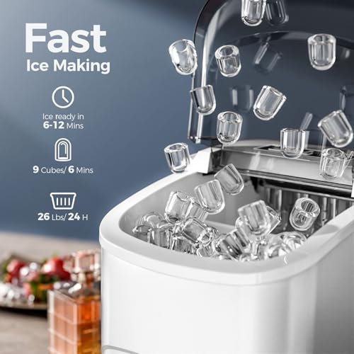 Ice Makers Countertop,26Lbs/24H,9 Cubes in 6 Mins,Portable Ice Maker Machine with Self-Cleaning,2 Sizes of Bullet Ice,Perfect for Home Kitchen(Black)