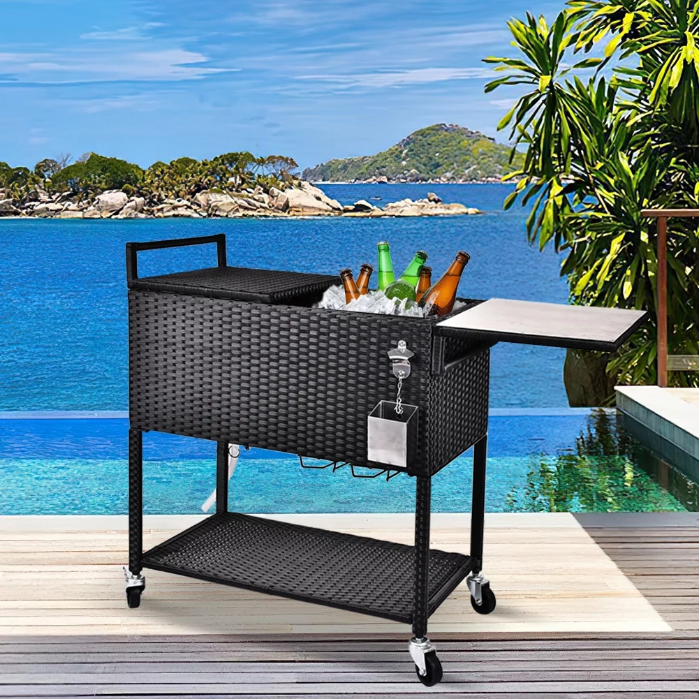 Magic Union 80 Quart Rattan Rolling Cooler Cart Ice Chest on Wheels Outdoor Stand Up Drink Cooler Cart, Single Top- Black