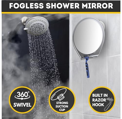HONEYBULL Shower Mirror Fogless for Shaving - with Suction, Razor Holder for Shower & Swivel, Small Mirror, Shower Accessories, Bathroom Mirror, Bathroom Accessories, Holds Razors (White)