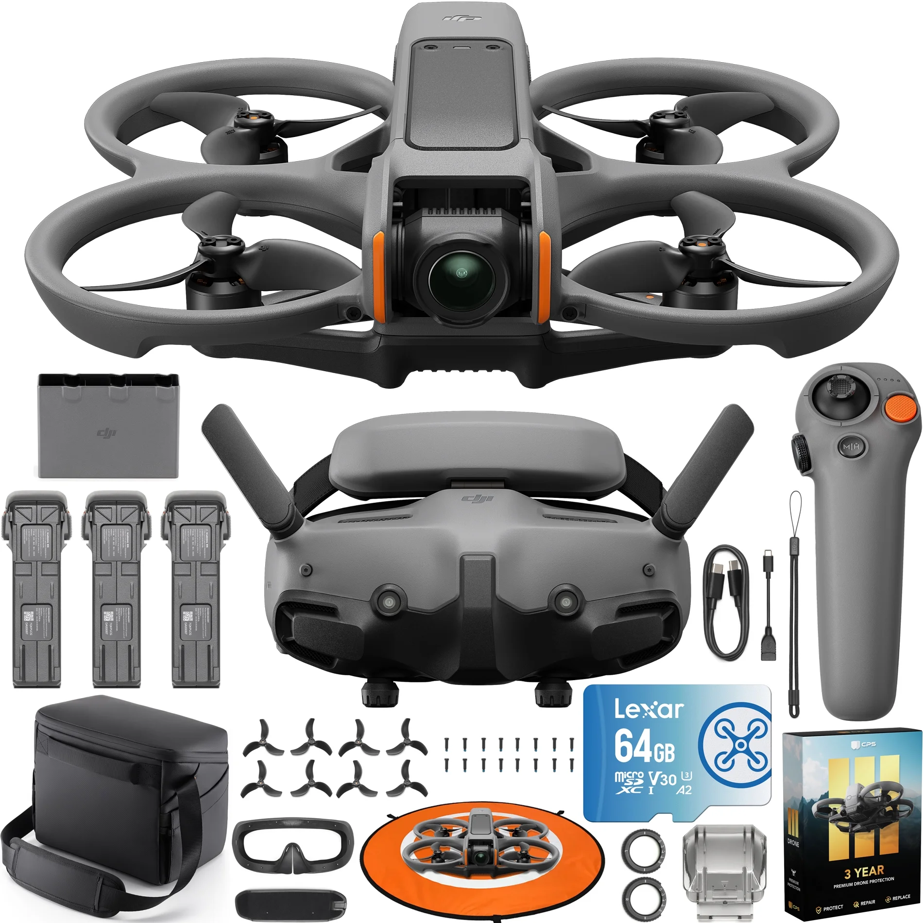 DJI Avata 2 FPV Drone Fly More Combo (3 Batteries) with Camera 4K Includes Goggles 3 and RC Motion 3, Immersive Experience, POV Content, Built-in Propeller Guard Bundle with Deco Gear Accessories