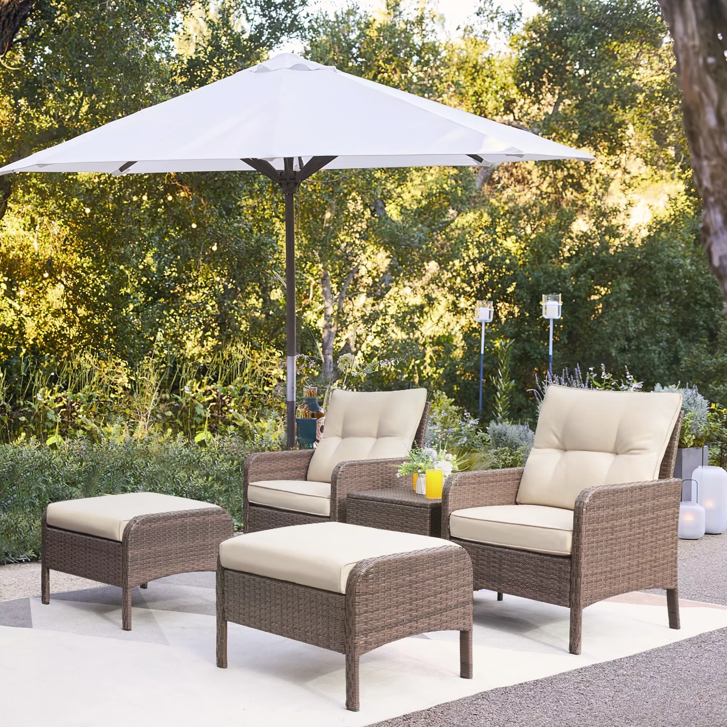 Lacoo 5 Pieces Wicker Patio Furniture Set Outdoor Patio Seat Conversation Cushion Chairs with Table & Ottomans, Beige