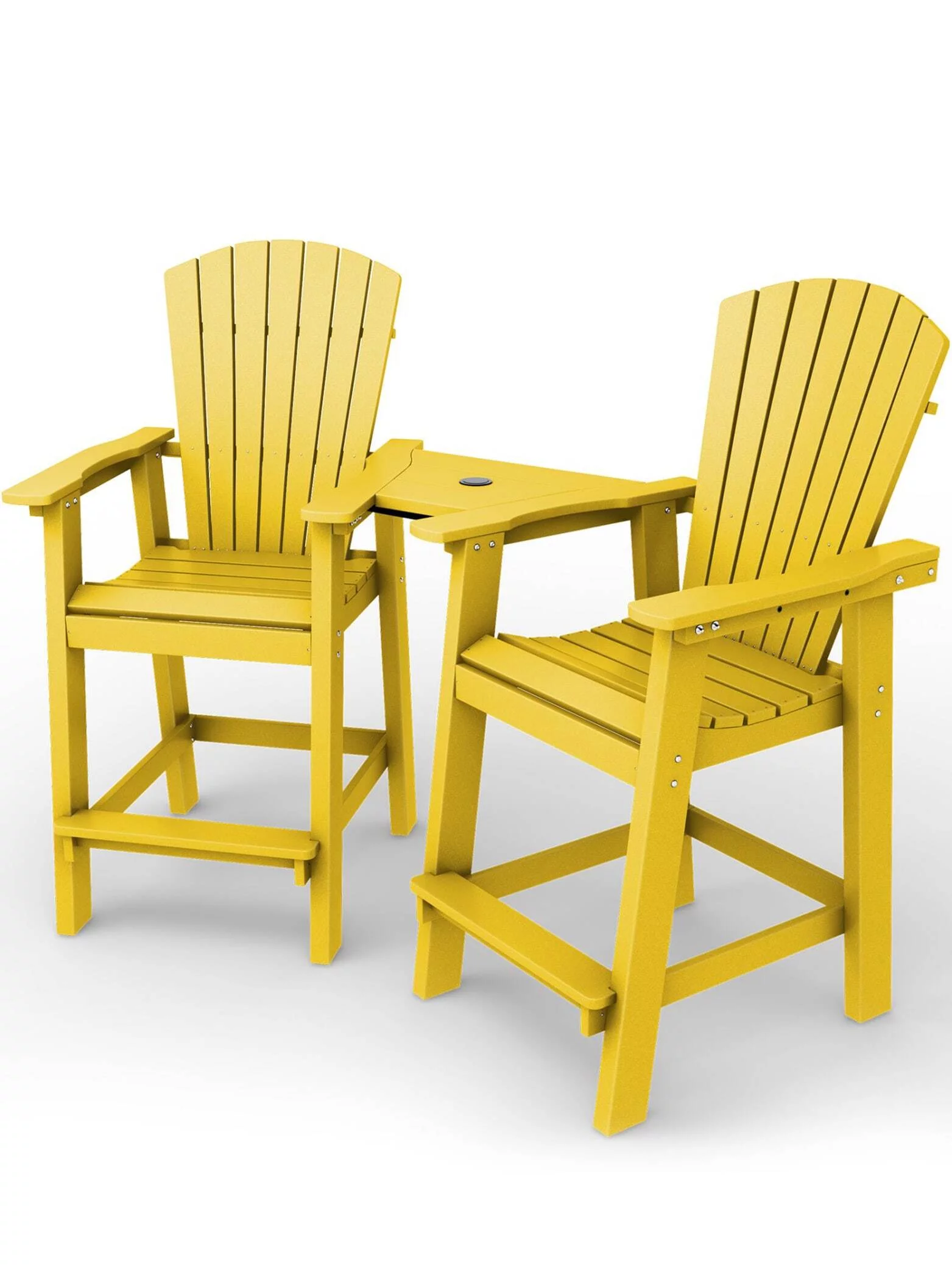 Wulful Tall Adirondack Chair Set w/ 2 Outdoor Barstools and Connecting Tray for Patio Umbrella, Yellow