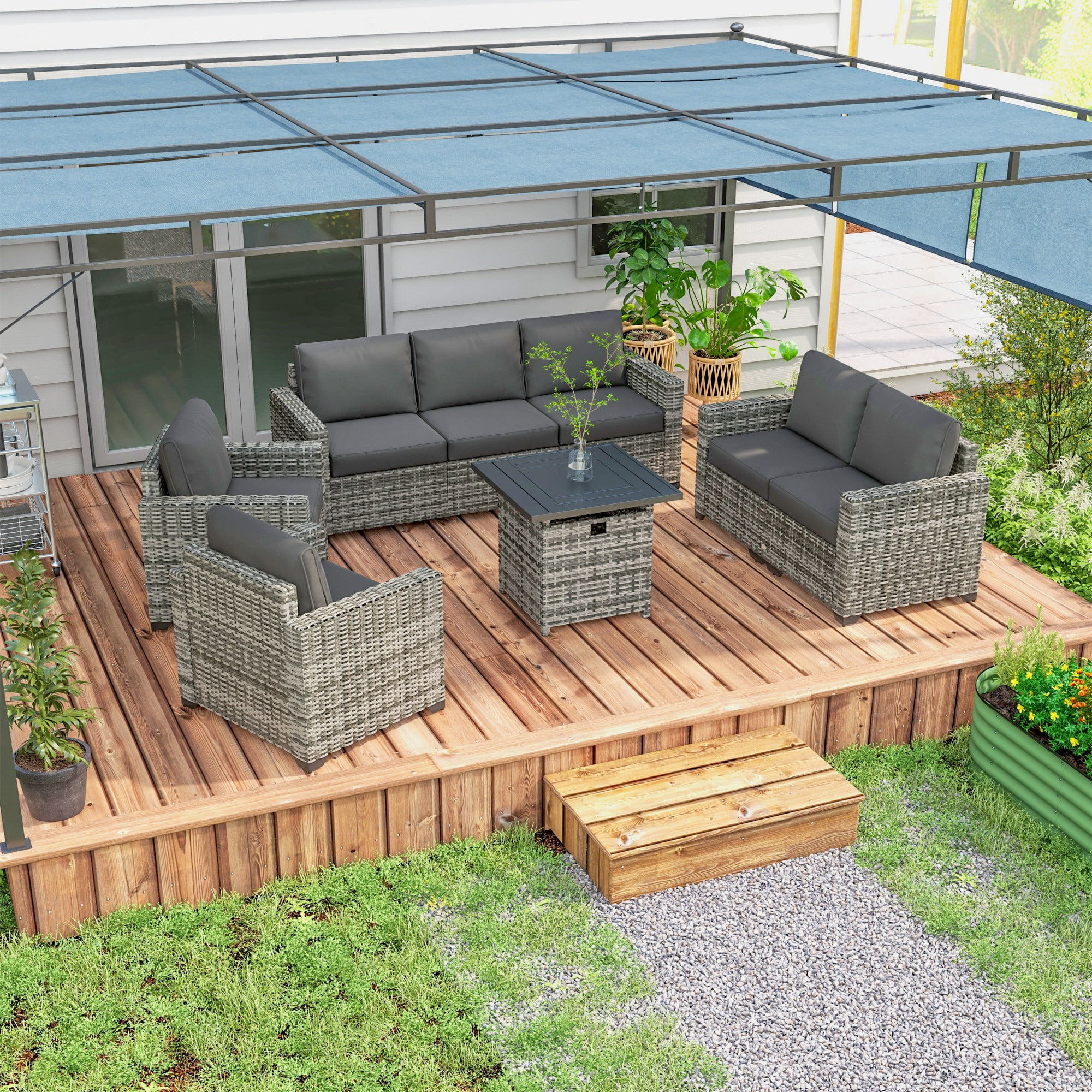 Outsunny Patio Furniture Set, Cushions, Sofas, Chairs, Fire Pit Table, Gray