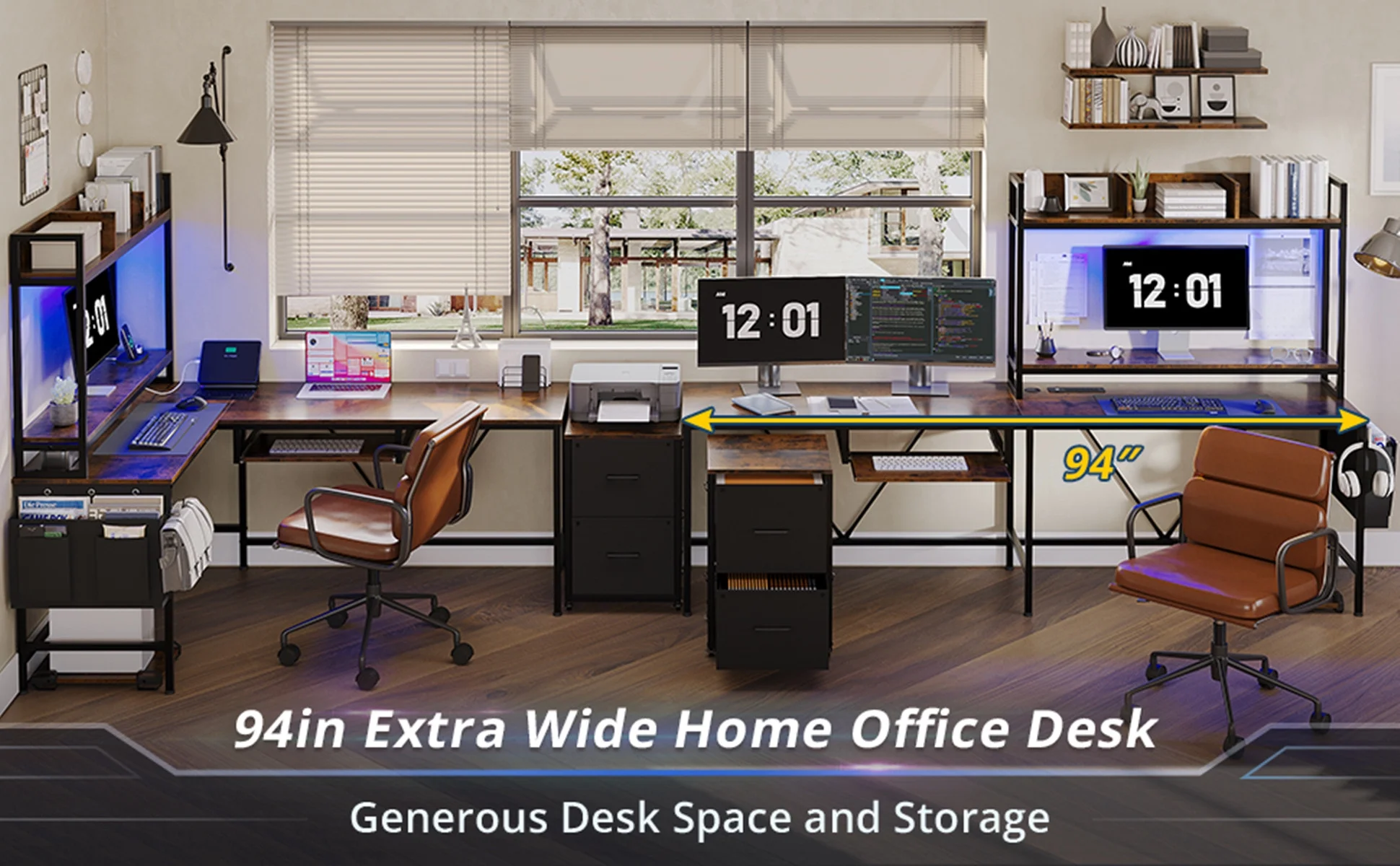 L Shaped Gaming Desk with File Cabinet&Storage Shelves,94