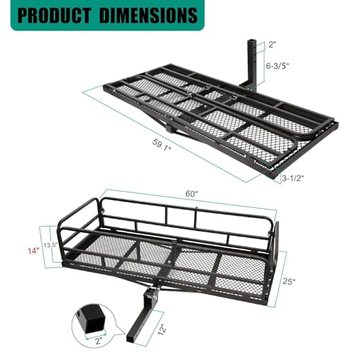 Hitch Cargo Rack, 60 x 24 x 14 Inch Folding Hitch Mount Cargo Carrier with High Side Rails for Trailer RV Truck SUV Van, 500 lbs. Capacity, 2