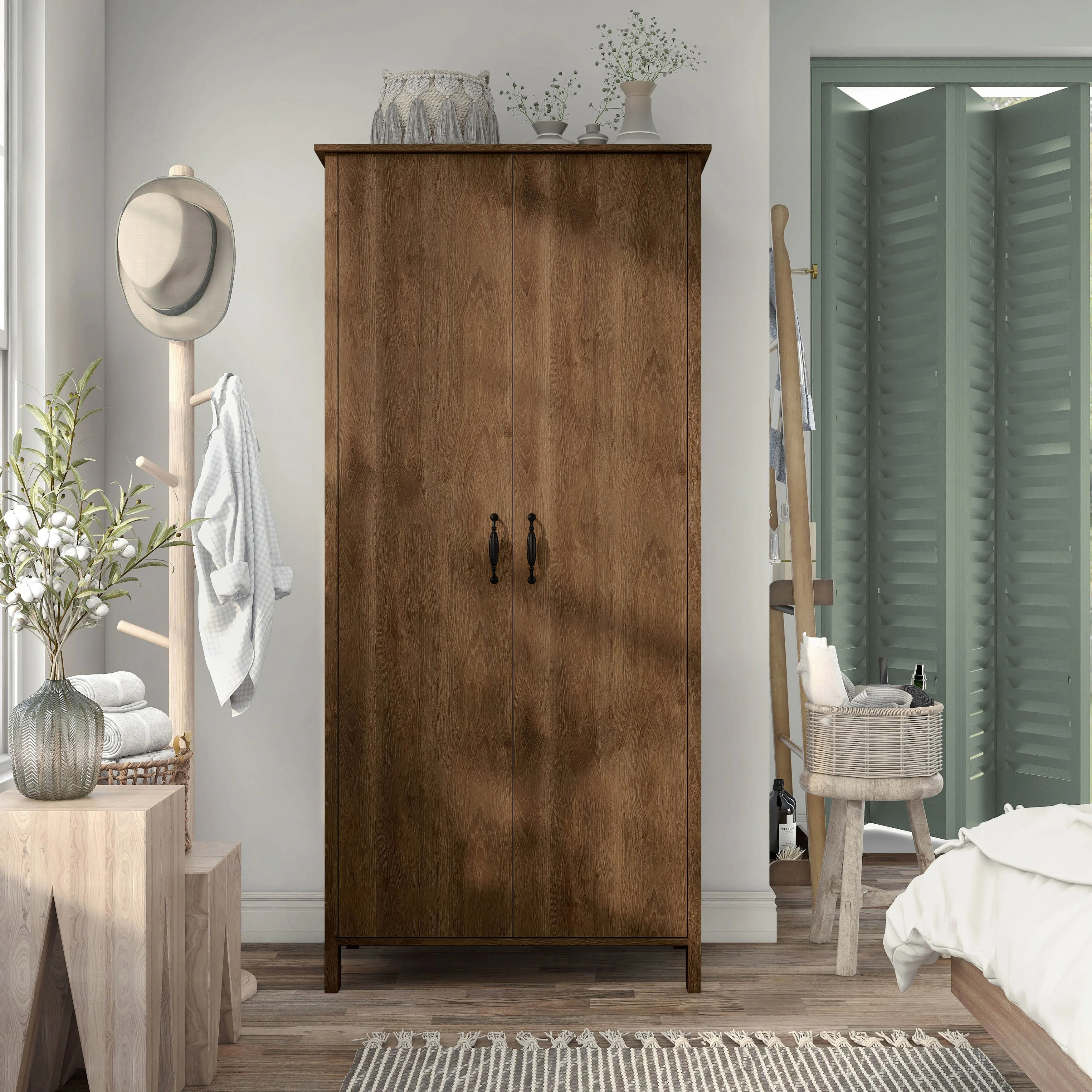 Denhour DH BASIC Rustic Distressed Walnut Double-door Wardrobe Closet with Shelves by