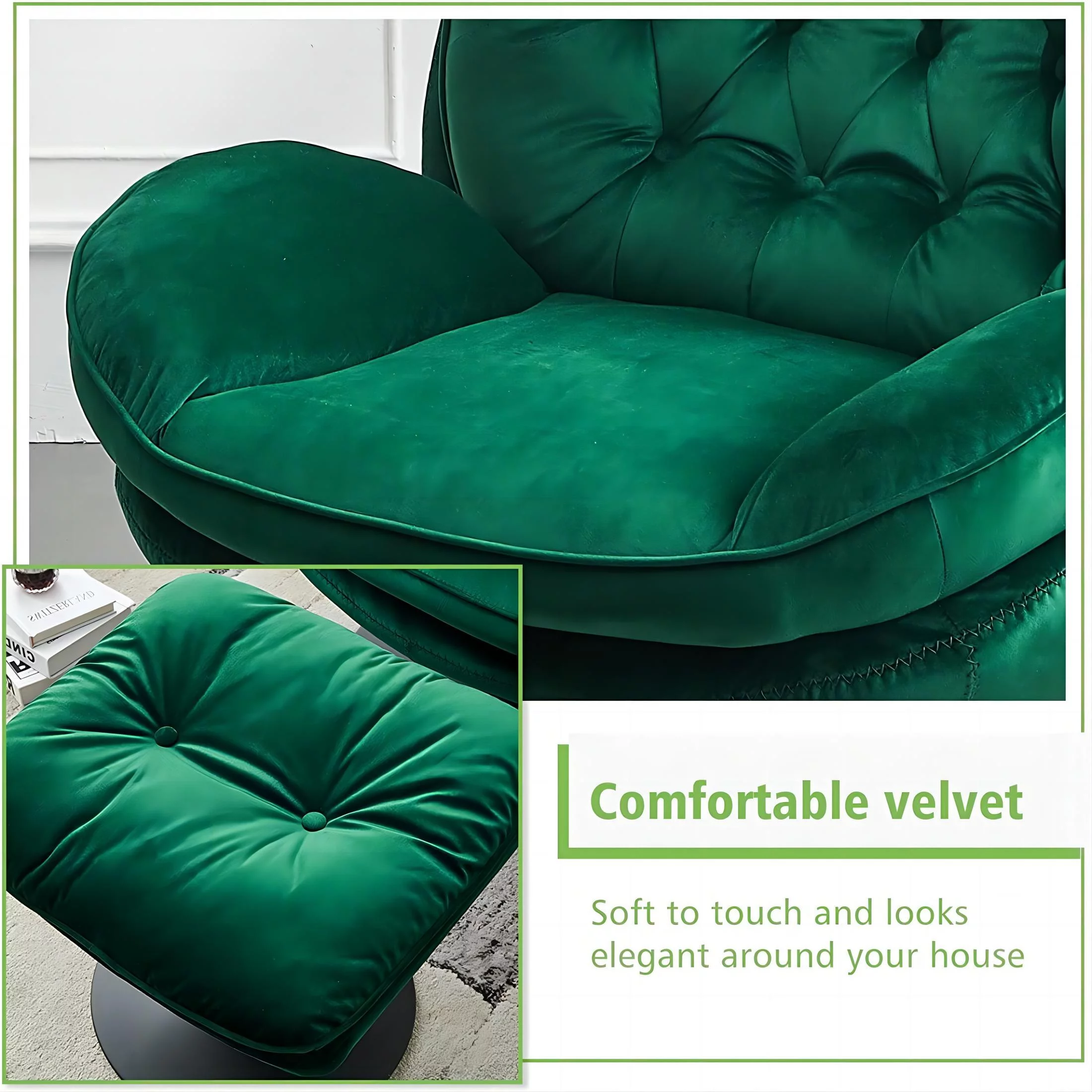 Velvet Swivel Accent Chair with Ottoman for Living Room Bedroom Reading Room, Cozy Lounge Armchair Fluffy Round Tufted Back Adult Gifts for Small Room Lazy Relax Read TV Chair,Green