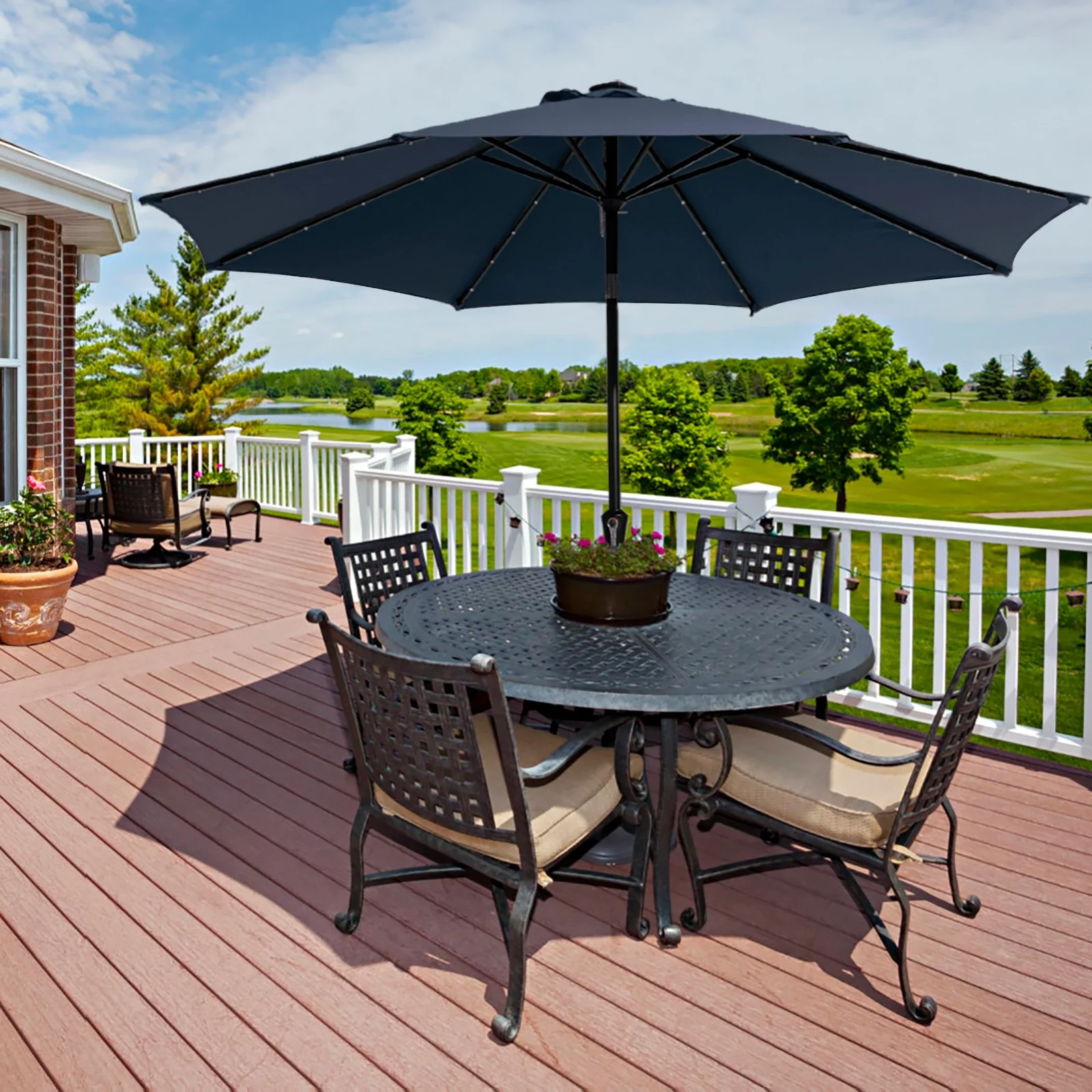 Serwall 10 ft Patio Umbrella for Table, Outdoor Sun Umbrella with LED Solar Lights, Navy Blue