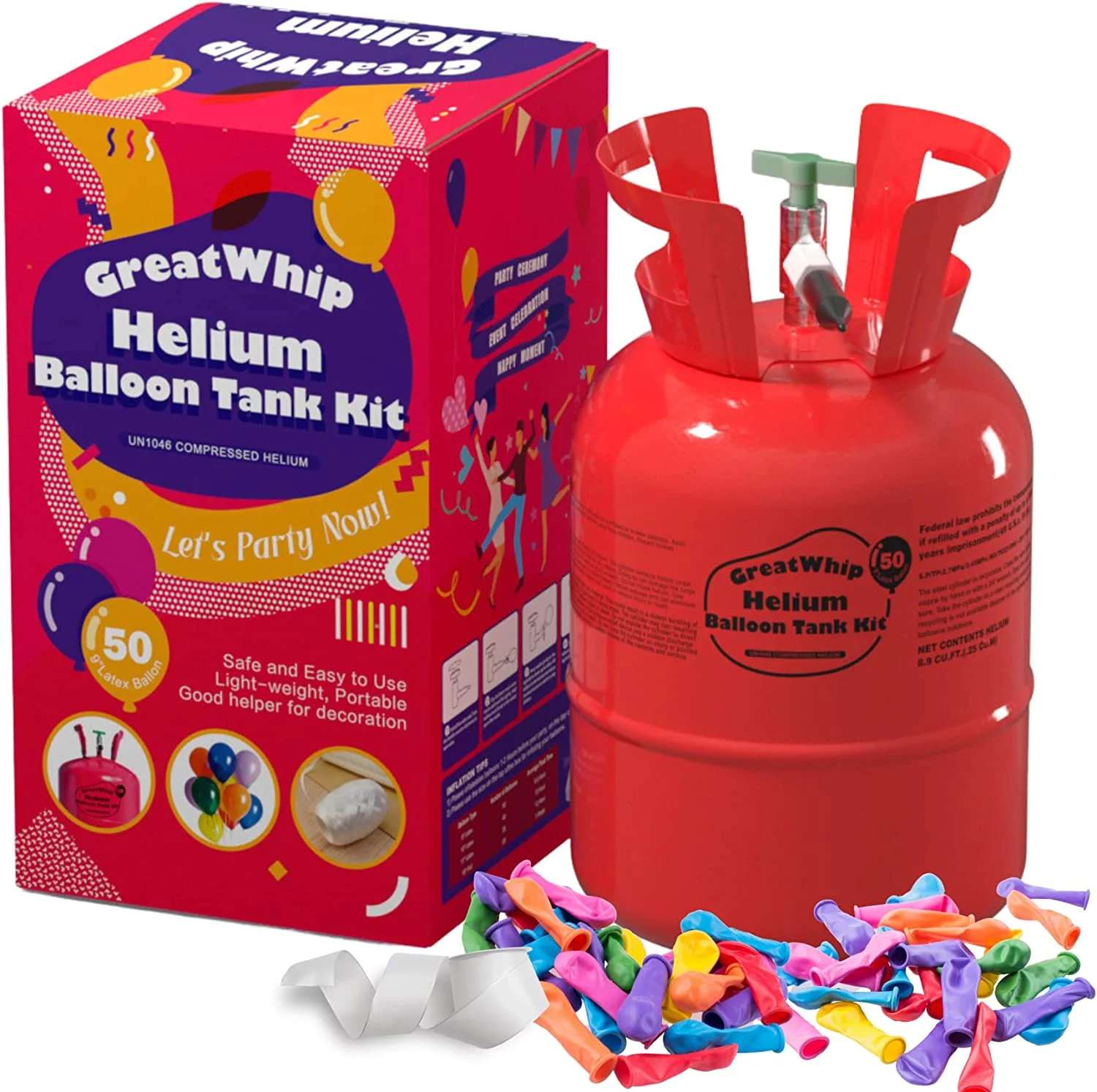 GreatWhip 13L Helium Tank up to 50 Latex Balloons Helium Tank for Balloons at Home Helium Balloon Pump Kit Blend