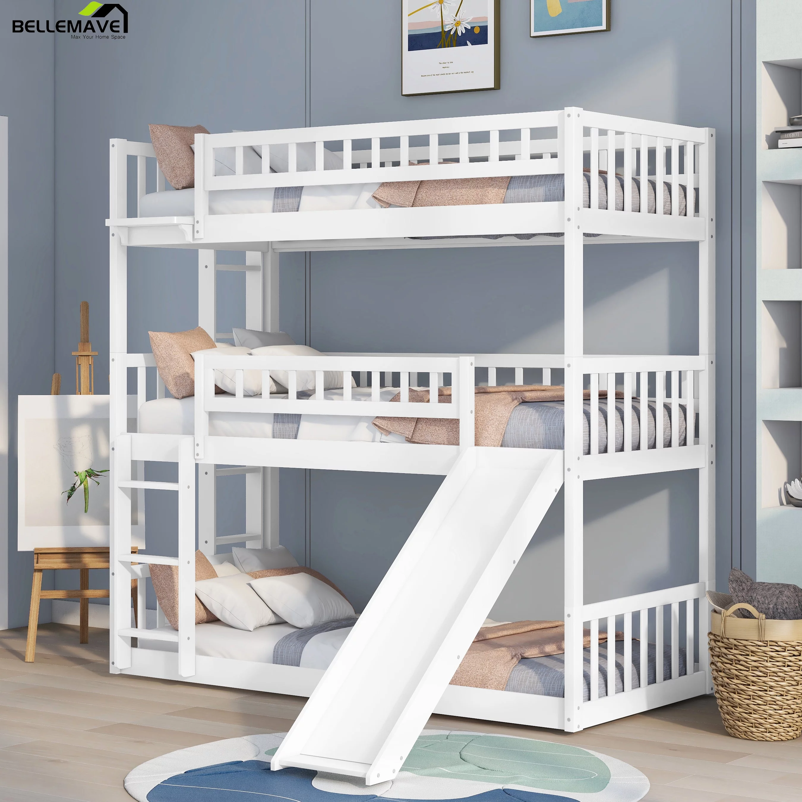 Bellemave Triple Bunk Bed with Slide, Wood Twin Over Twin Over Twin 3 Bunk Bed with Built-In Ladder and Guardrails, Triple Bed for Kids, Teens, Boys, Girls, White