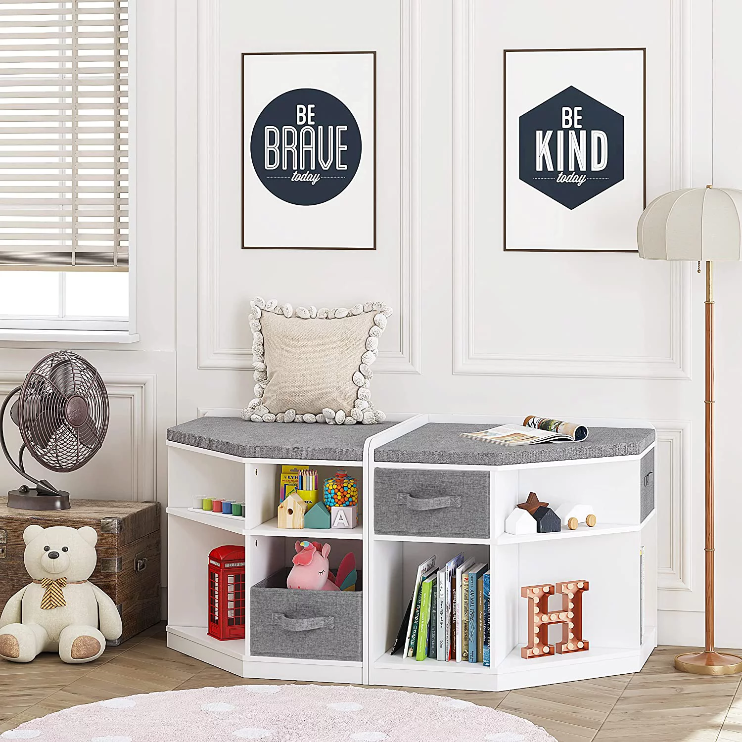 UTEX Kids Bookcase with Bench and Reading Nook, Kids Corner Reading Bench for Save Space, Kids Bookshelf with Toy Storage and 6 Cubbies for Toddlers 3 Age +, White