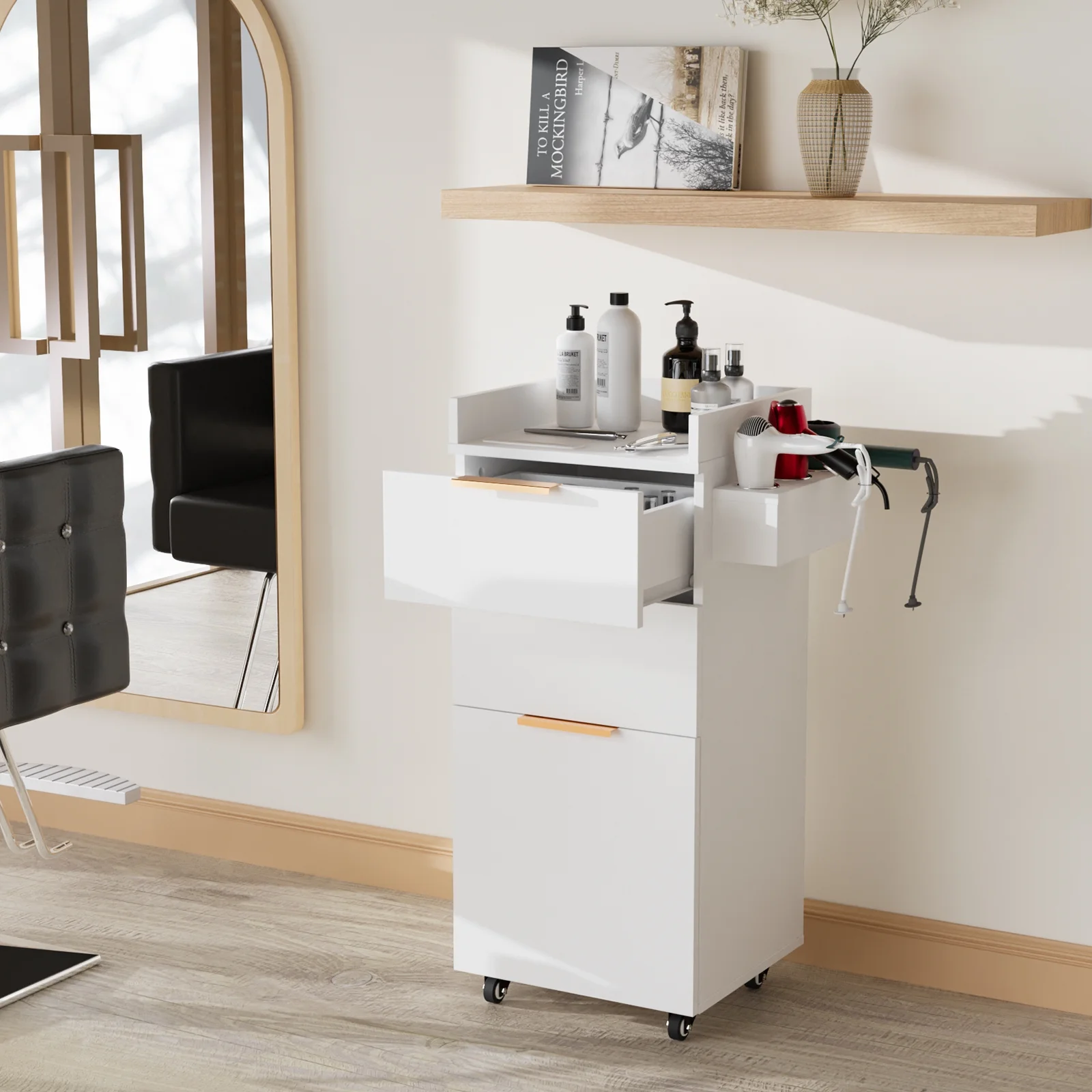 OmySalon Salon Trolley with Wheels, 2 Drawers & 1 Storage Cabinet, Salon Cart for Hair Stylist, Portable Styling Station for Barbershop Beauty Spa