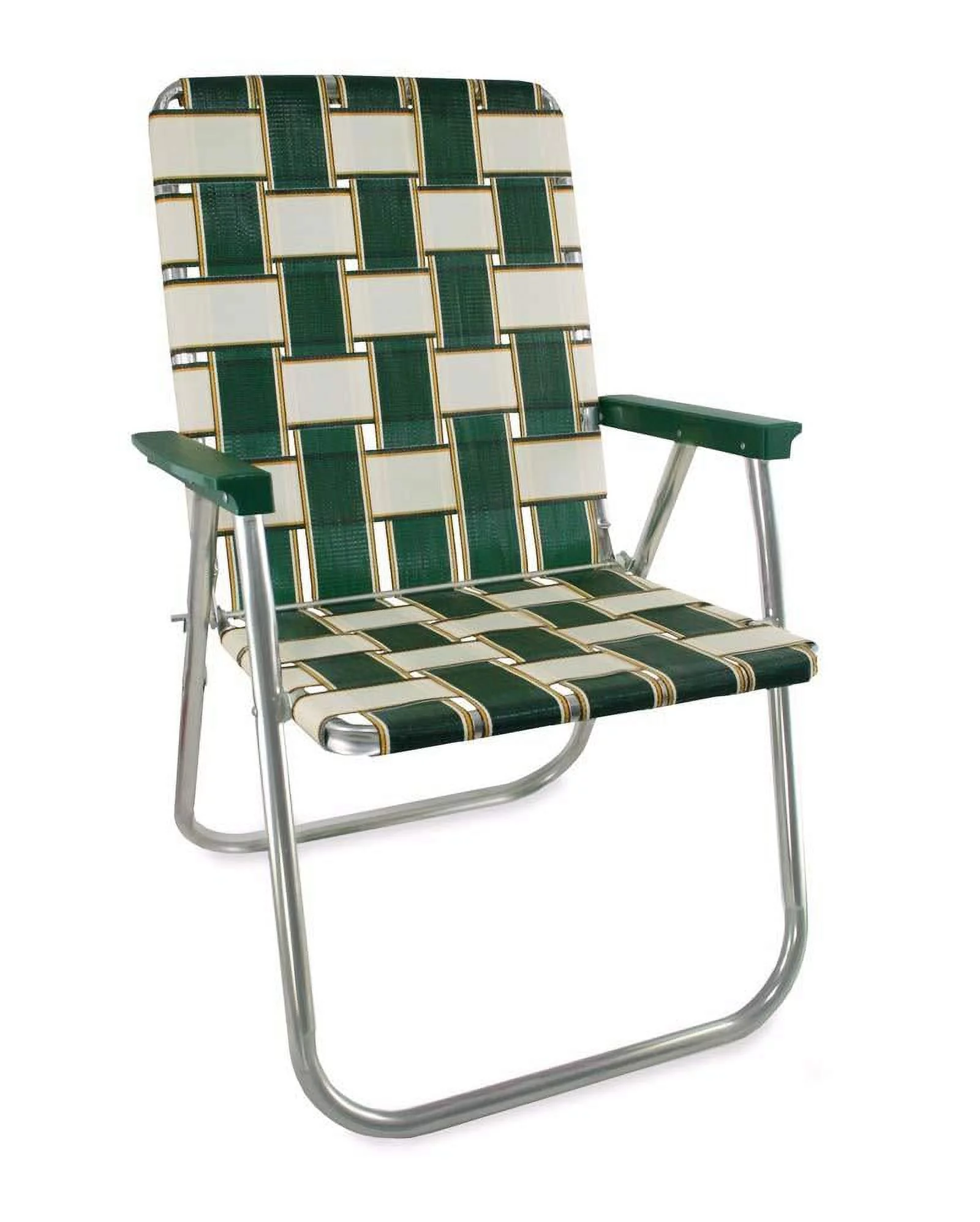 Lawn Chair USA - Classic Folding Aluminum Webbed Chair - Durable, Portable, and Comfortable Outdoor Chair - Ideal for Camping, Sports, and Concerts -  Charleston with Green arms
