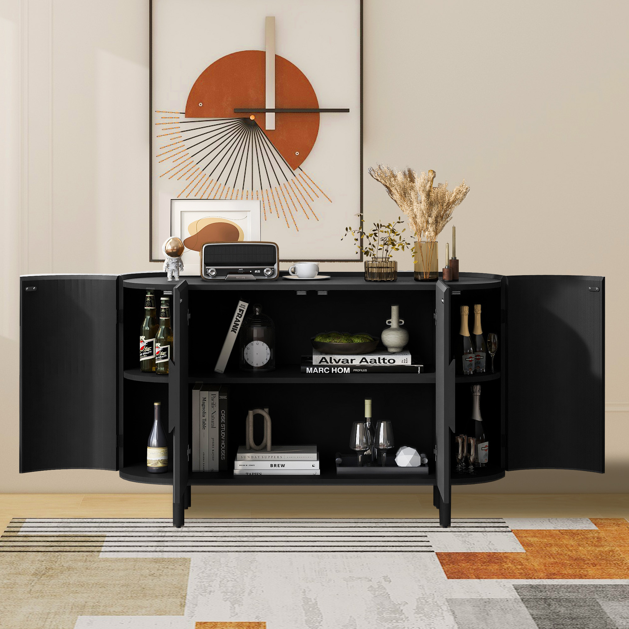 Curved Design Light Luxury Sideboard Cabinet with Adjustable Shelves,Modern Buffet Storage CabinetSuitable for Living Room,Study,Entrance(Black)