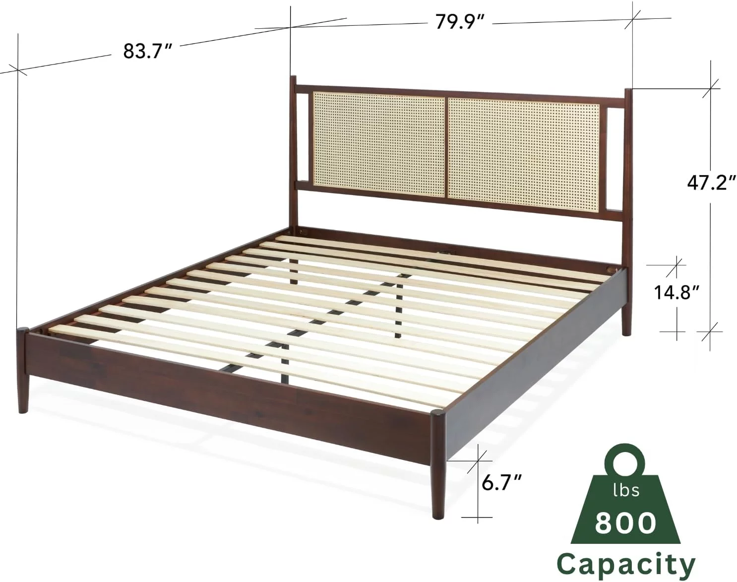 Bme Oliver 15 Inch Signature Bed Frame with Rattan Headboard - Bohemian & Mid Century Style - Acacia Wood - 12 Strong Wood Slat Support - Easy Assembly - No Box Spring Needed - Walnut, King