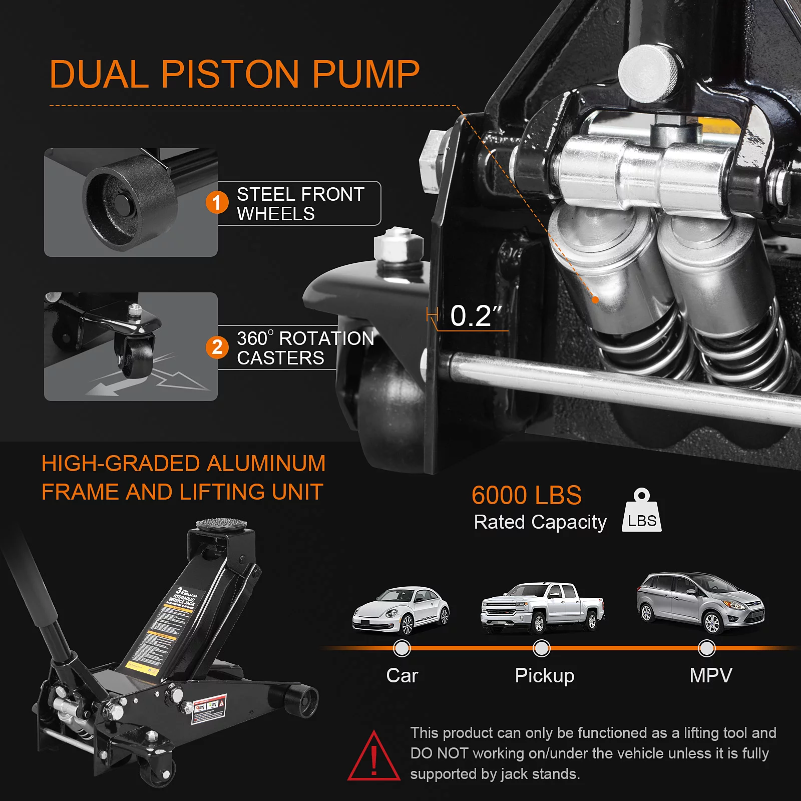 Torin 3 Ton Floor Jack Hydraulic Heavy Duty Steel Car Jack  with Quick Lift Dual Pump,Black,W8303-B