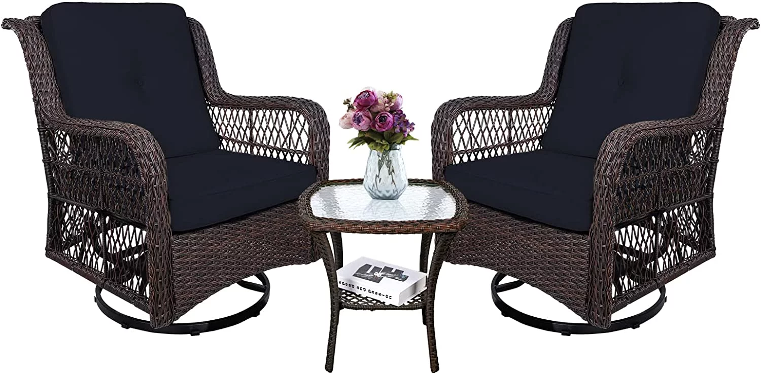 MEETWARM 3-Piece Patio Wicker Conversation Bistro Set Cushioned, Outdoor Swivel Rocking Chairs Rattan Furniture Sets with Thickened Cushion and Glass-Top Coffee Table (Navy Blue)