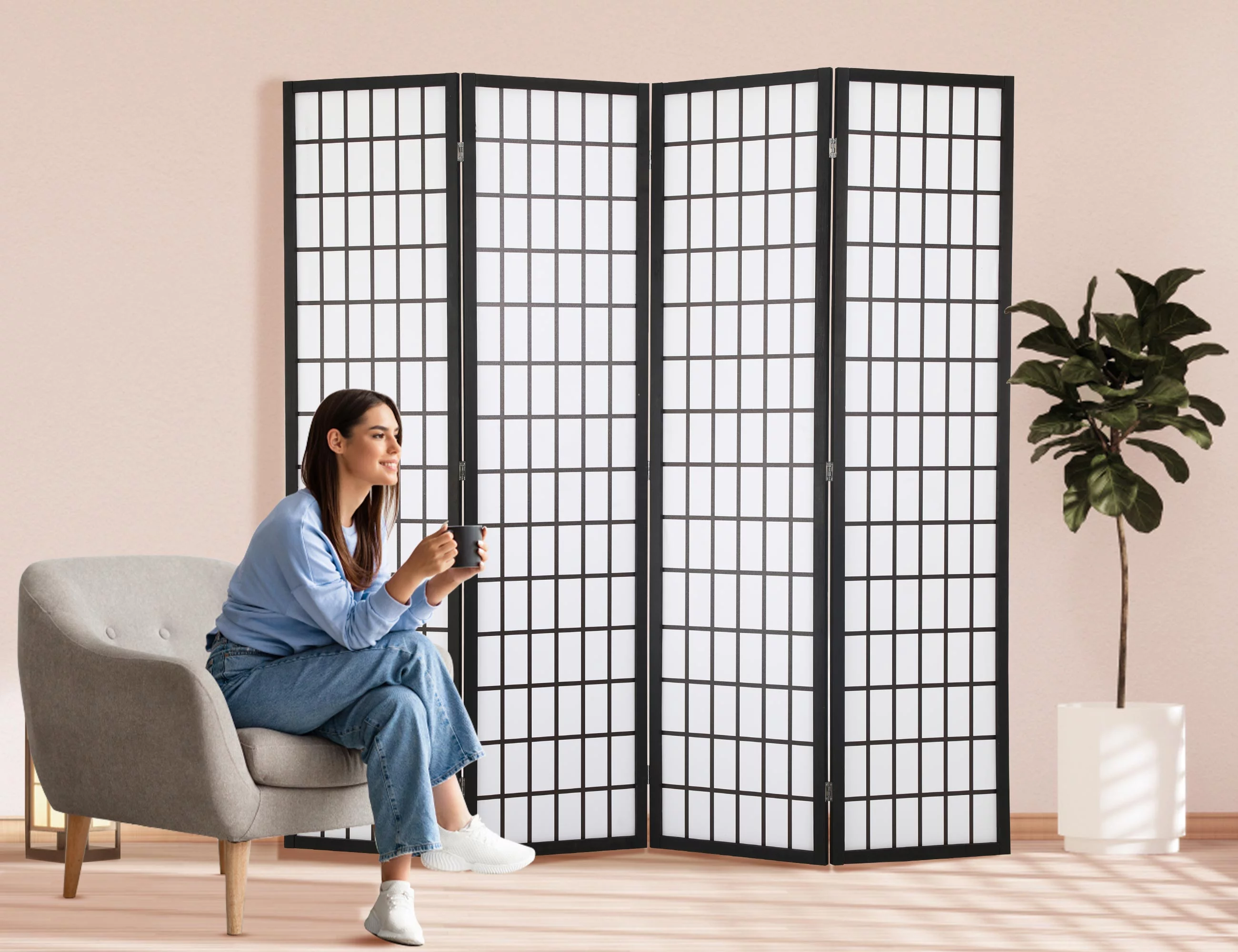 YRLLENSDAN Wood Oriental Shoji Room Dividers with 4 Panels, 6Ft Folding Privacy Divider for Dorm Wall Divider for Rooms Portable Japanese-Inspired Partition Screen