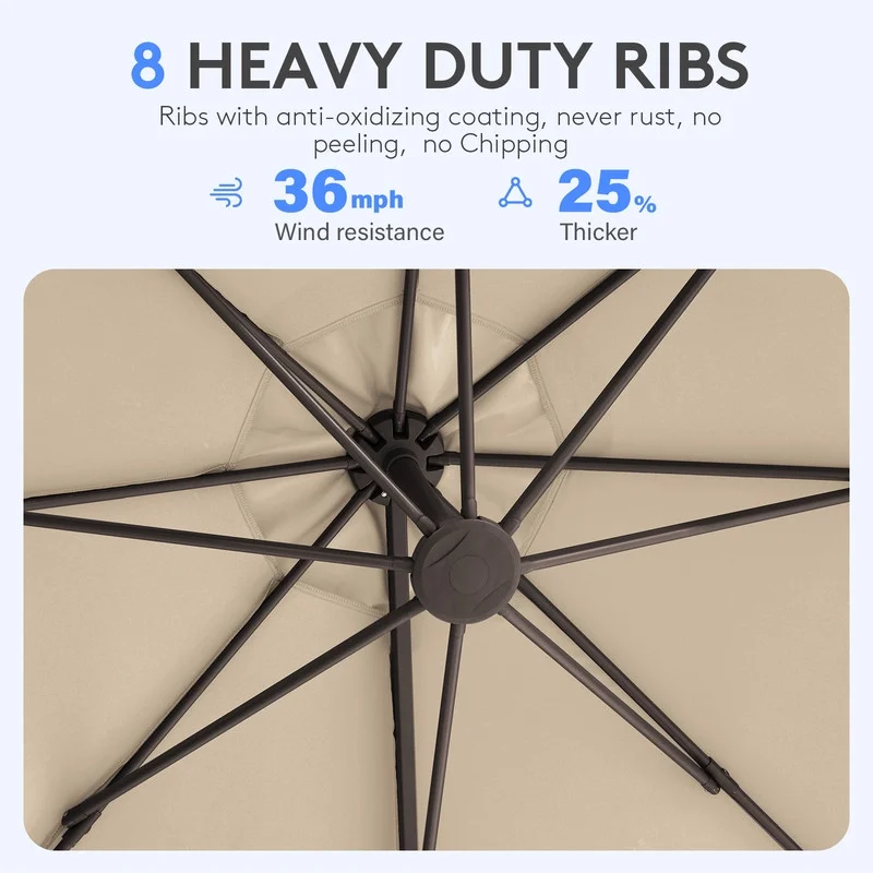 SERWALL 11ft Curvy Cantilever Offset Hanging Market Patio Umbrella with Base, Beige