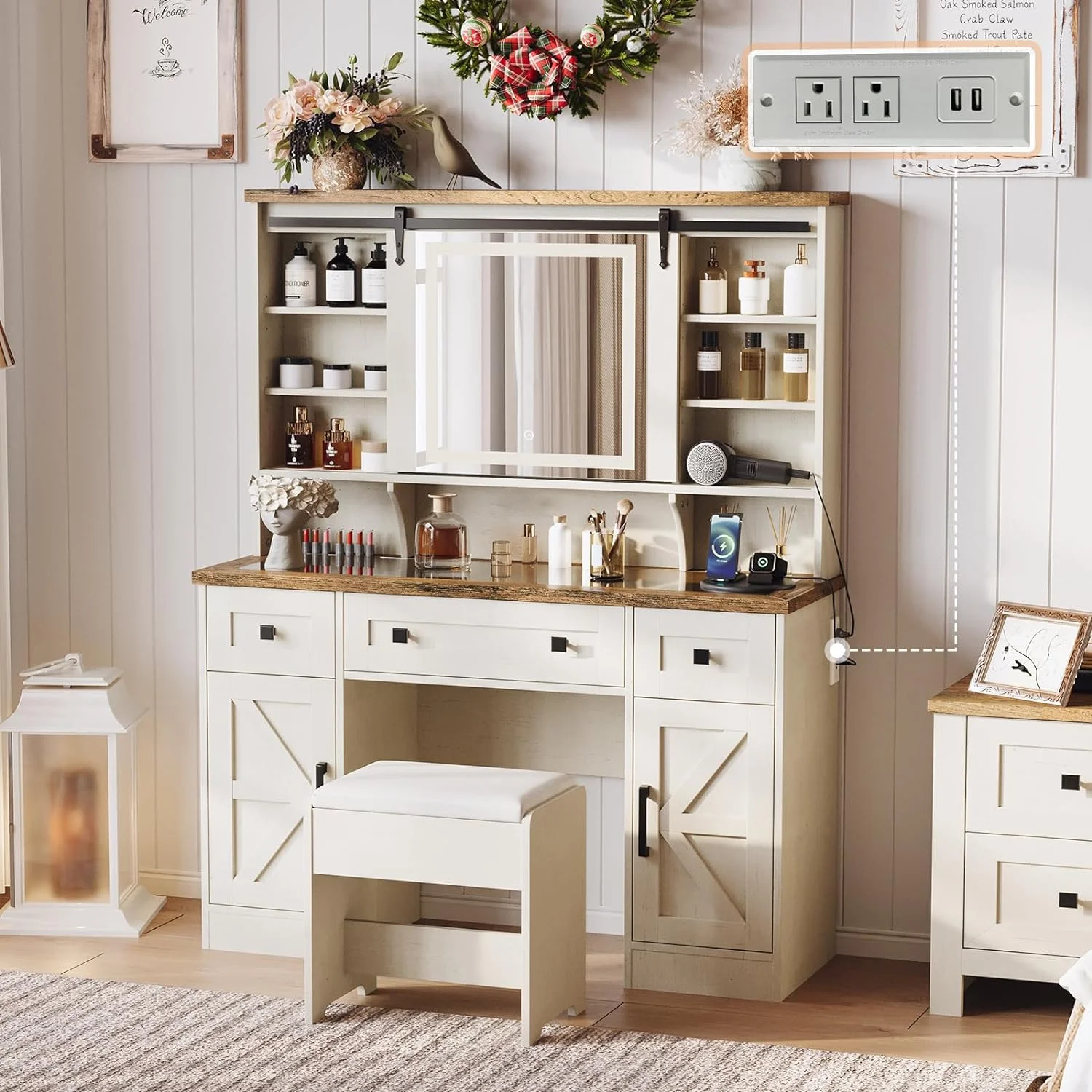 LUXOAK Farmhouse Makeup Vanity Desk with Sliding Mirror & Lights, 47'' Glass Tabletop Vanity, White