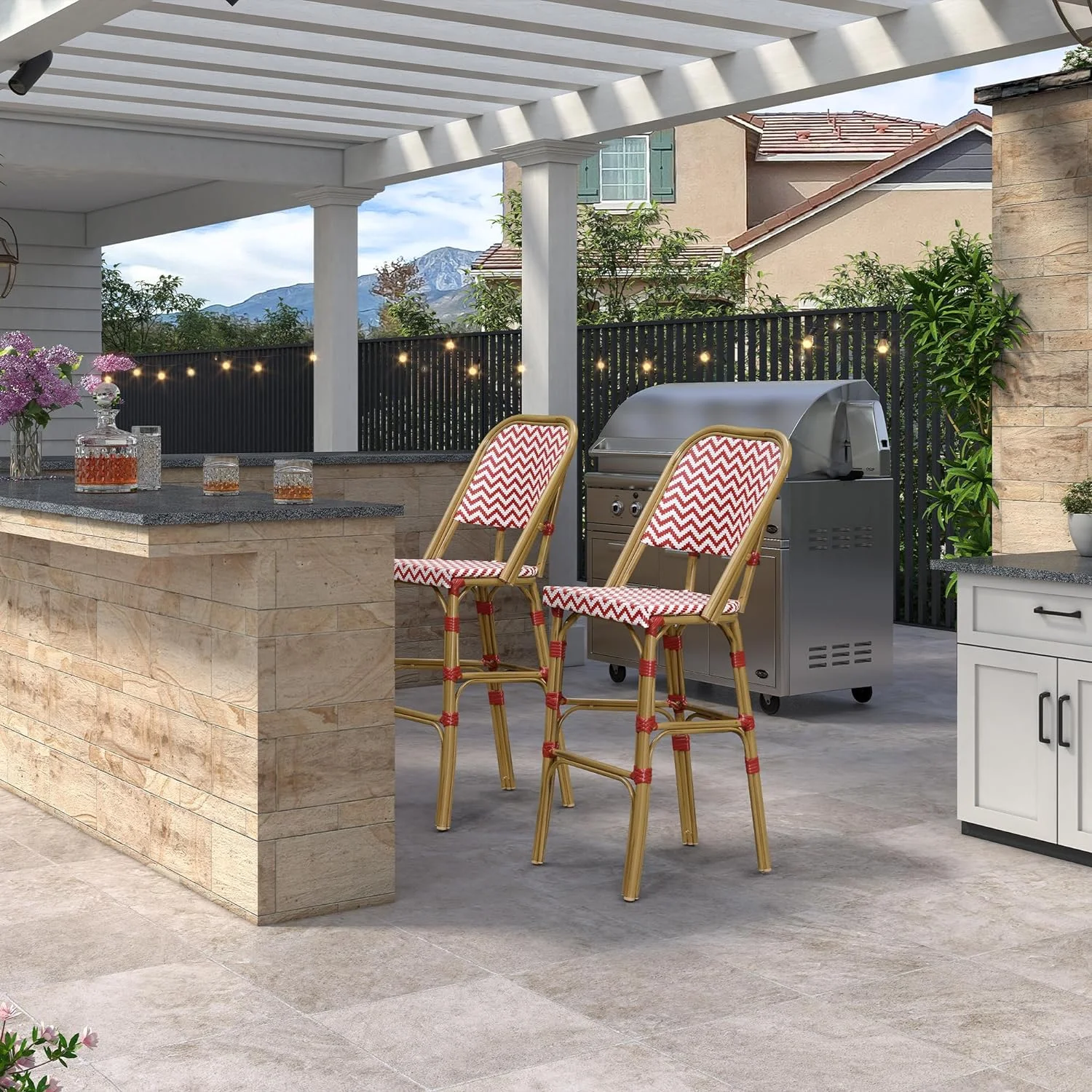 PURPLE LEAF Set of 2 French Outdoor Bar Height Bar Stool Aluminum Frame Bar Stool Hand-Woven Rattan Bamboo Print Finish Patio Bar Height Stool Chair, Red