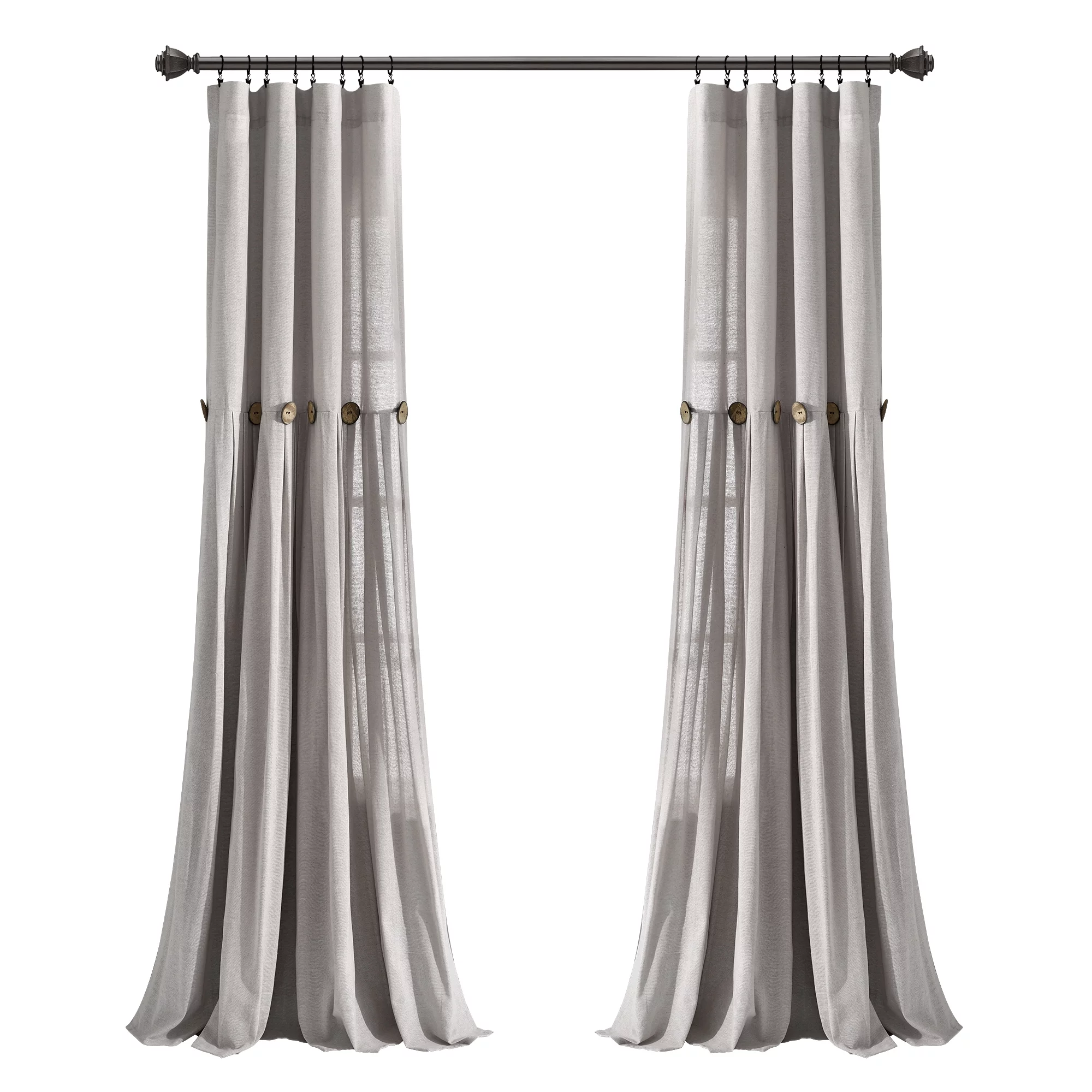 Lush Decor Farmhouse Linen Button Window Curtain, Single Panel - Gray, 84 inch L x 40 inch W
