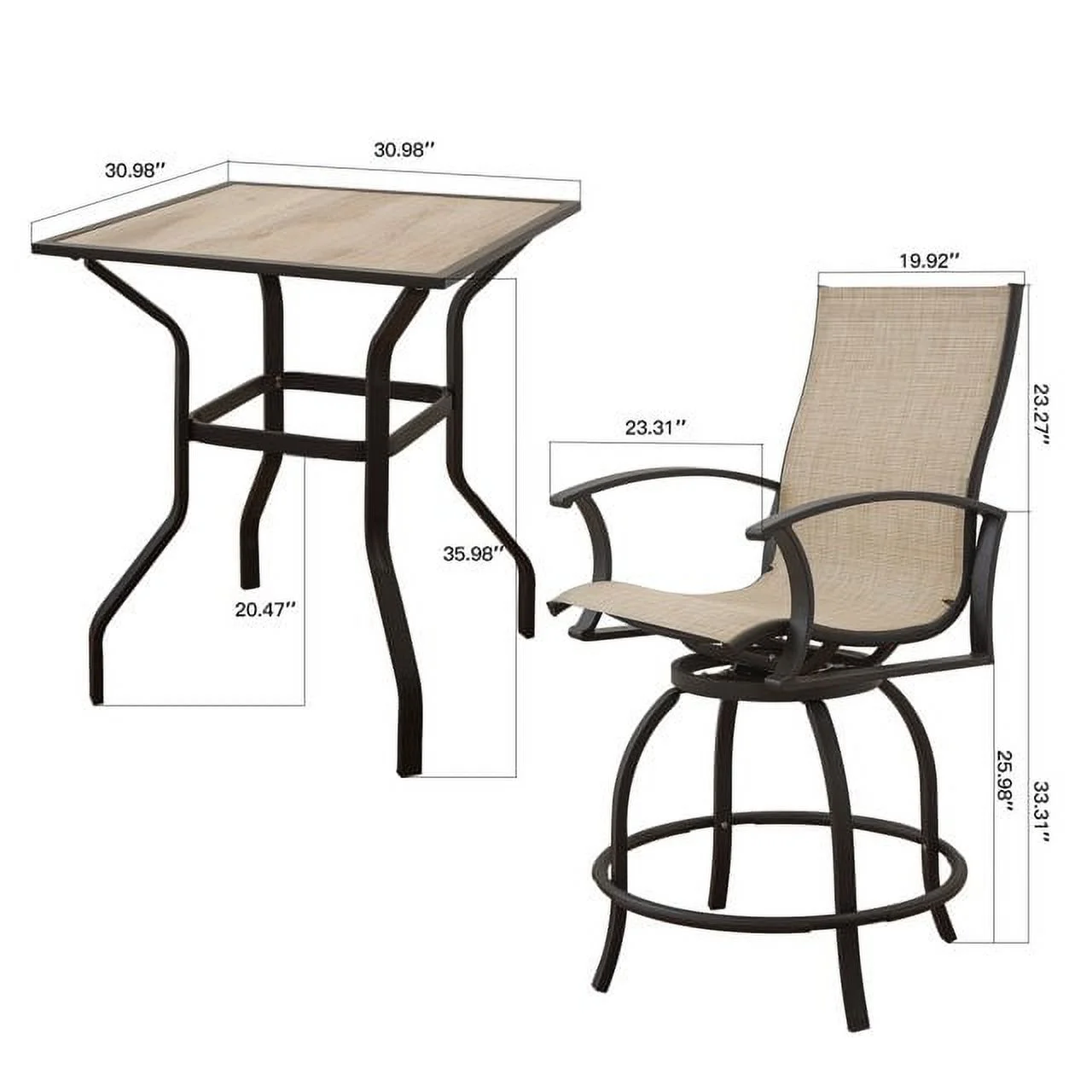 3 Piece Patio Bar Set with Swivels Bar Stools, Top Table, Metal Outdoor Bistro Set for Garden, Brown