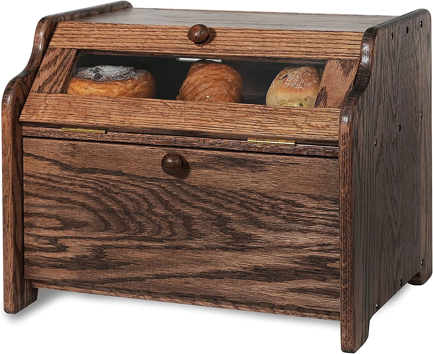 CONSDAN Bread Box, Solid Wood Oak Bread Box with Clear Window, Double Layer Bread Box for Bread Storage, Large Capacity Breadbox for Kitchen Countertop, Chocolate