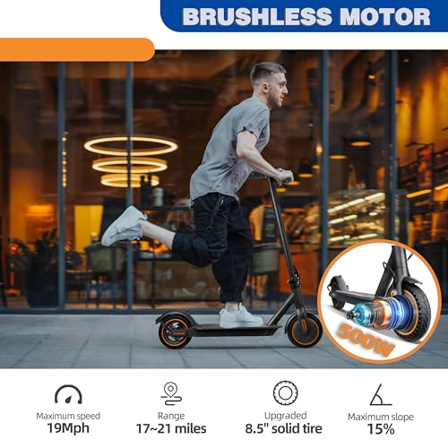 Electric Scooter for Adults, 8.5” Solid Tires, 500W Motor, Up to 19 MPH, 21 Miles Range Commuter Escooter, with Dual Brake System, APP, LED Display, Cruises Control, Foldable E-Scooter