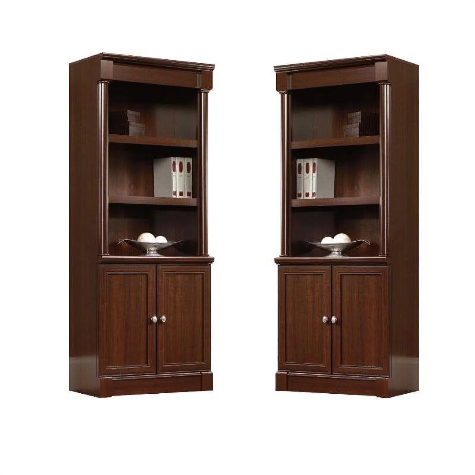 Sauder 3 Shelf Wood Library Bookcase with Doors in Cherry (Set of 2)