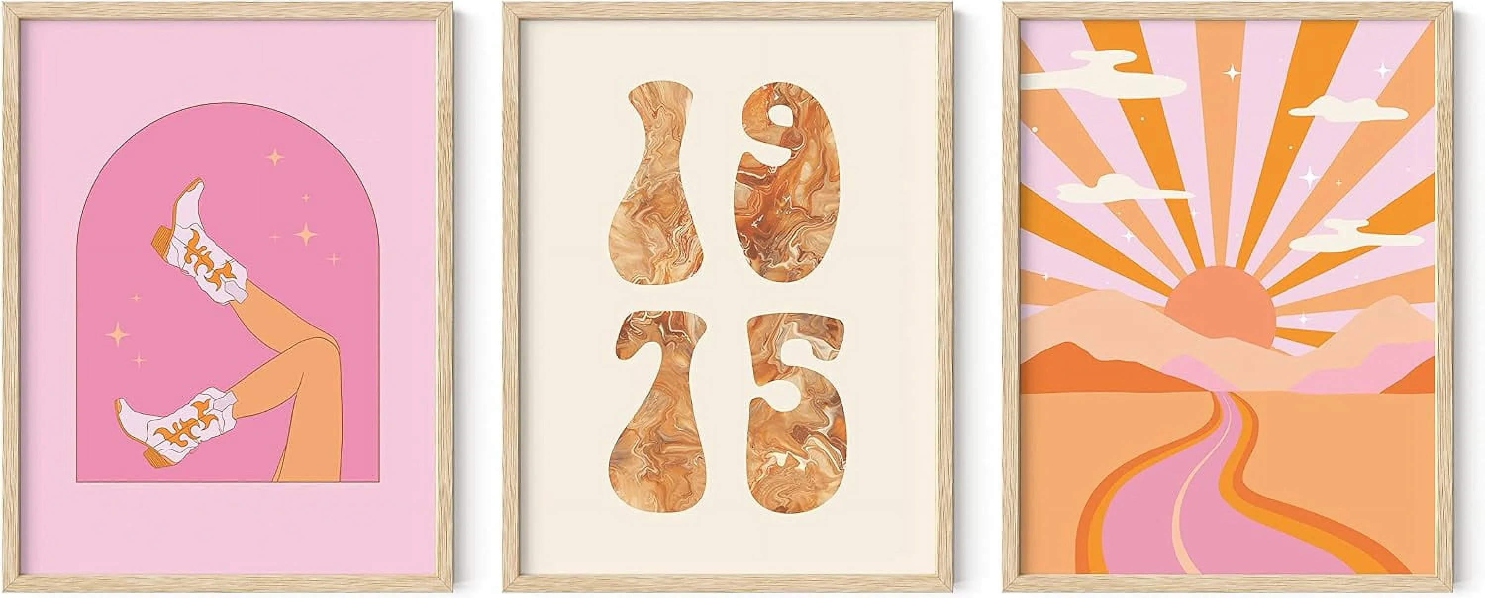 Haus and Hues Pink Wall Art -Set of 3 Preppy Pictures 70s Room Decor, Modern Wall Art Pink and Orange Room Decor, Funky Wall Art Aesthetic Posters, Preppy Wall Art, Retro Wall Art (Framed Beige 12x16)