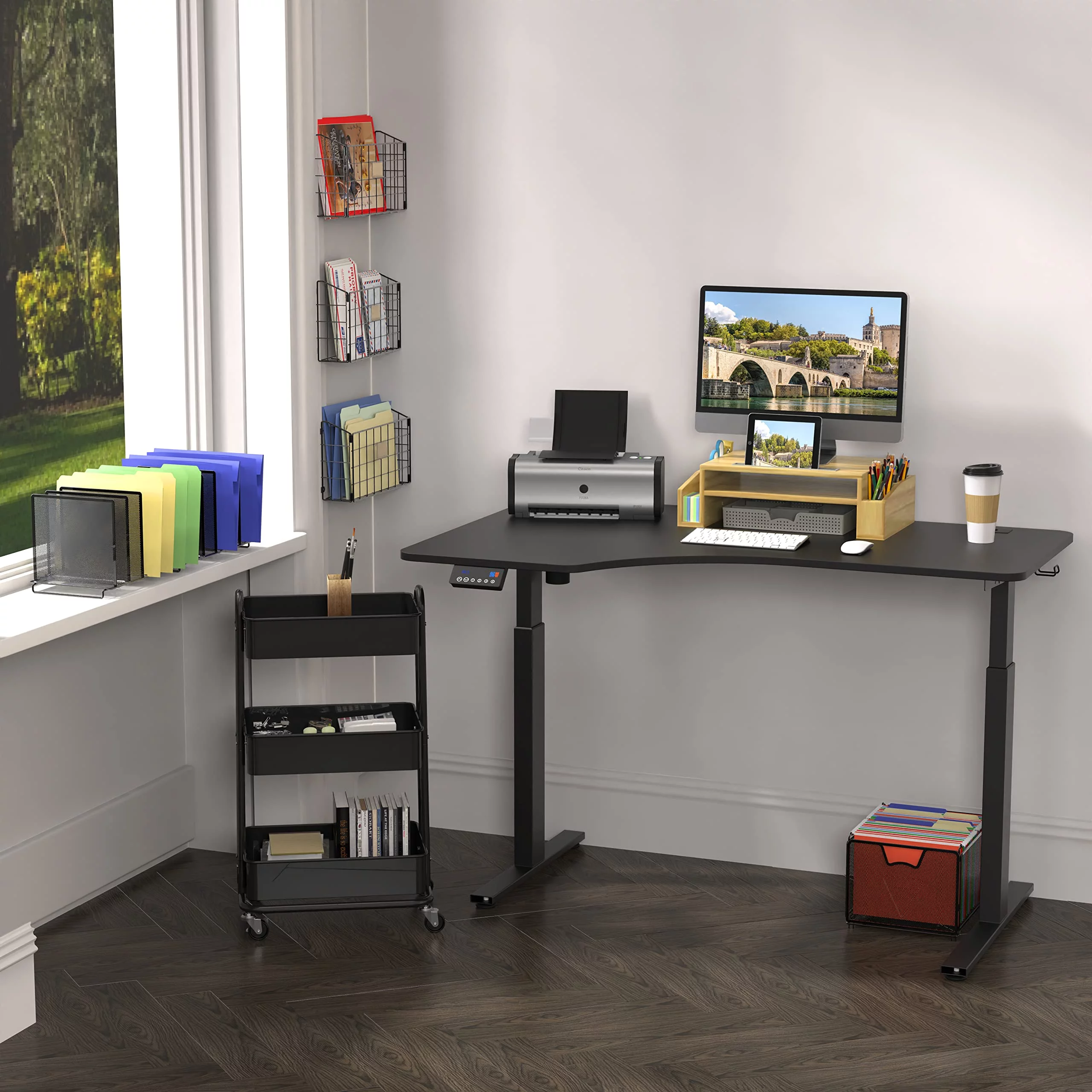 SHW 55-Inch L-Shaped Electric Height Adjustable L-Shaped Standing Desk with Left Facing Corner, Black