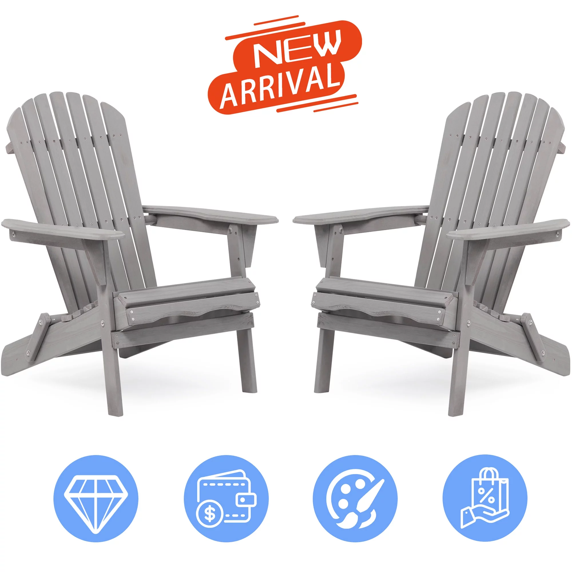 Outdoor Adirondack Chairs, Seizeen Wooden Folding Adirondack Chair Set of 2, Patio Furniture Set Lounge Chairs Quick Assembled, Elegant Outdoor Chairs Set for Deck Pool Yard Garden, Gray