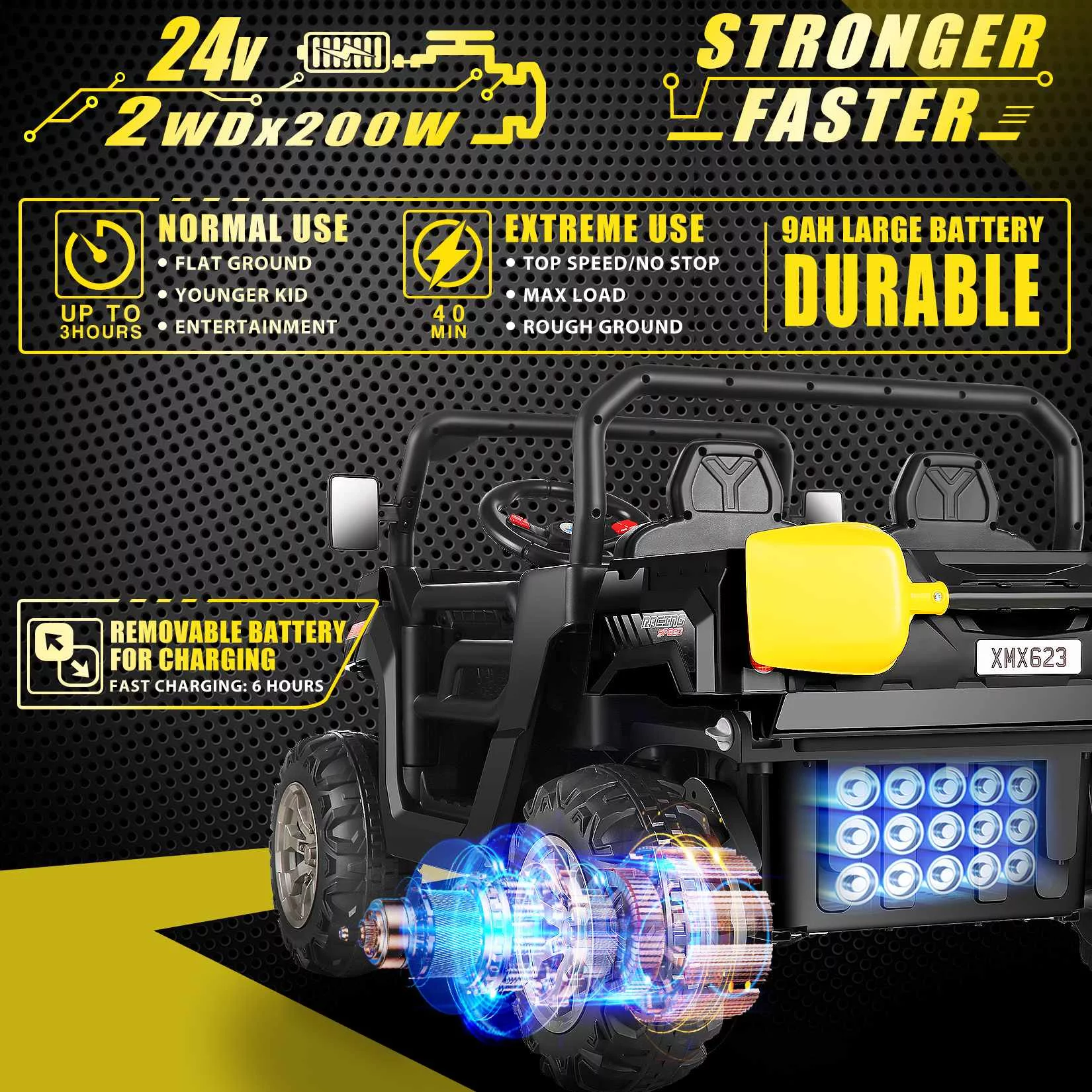 Vibespark 24 V 2x200W Kids Ride on Dump Truck with Remote Control, 2 Seater Electric Powered 4-Wheel UTV Toys, Ride on Tractor Car w/ Tipping Bucket Trailer, Shovel, Suspension, Bluetooth Music, Black