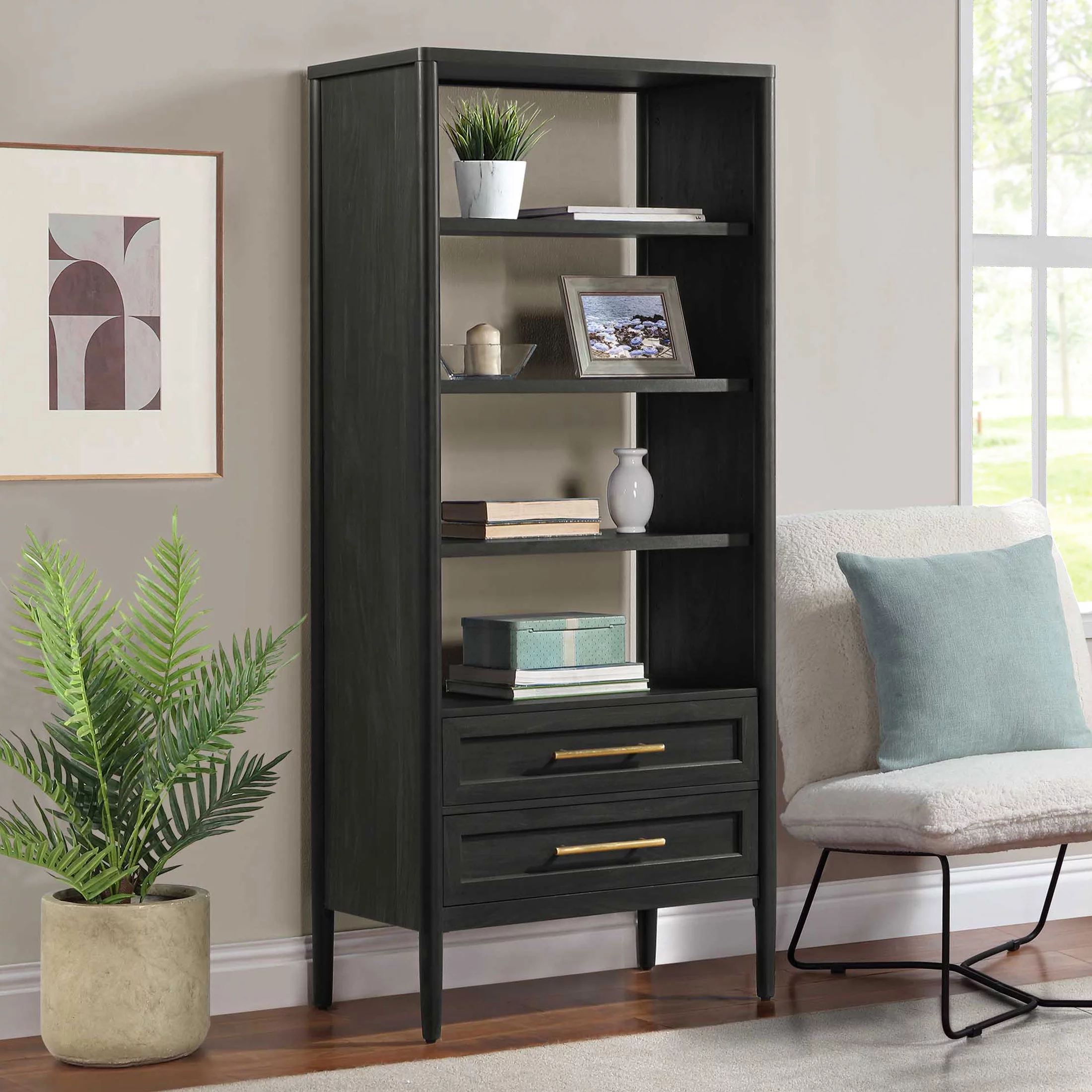 Better Homes & Gardens Oaklee 4-Shelf Bookcase with Storage Drawers, Charcoal Finish